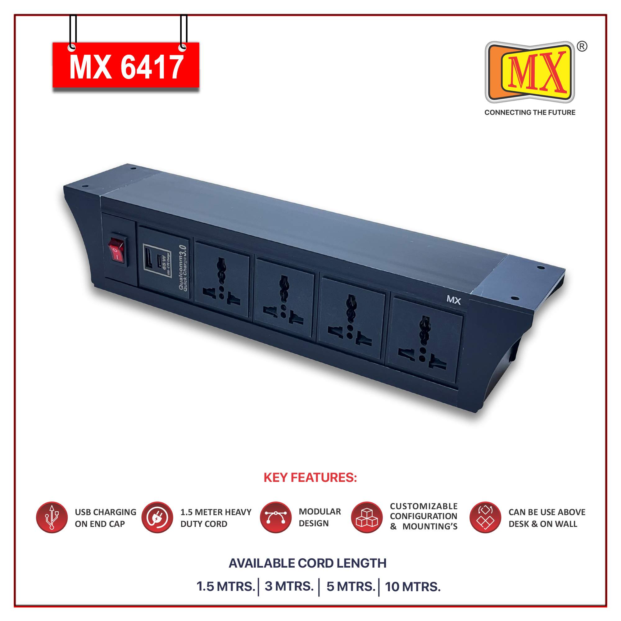 MX PDU Under table 6/13 Amps 4 Universal Socket | 2 USB (2.4 Amp) with 65W PD Charger | Dual Pole LED Indicator Switch | 6 Amps Heavy Duty Cord 3 Meter with ISI Marked, Aluminium Body Material(MX 6417-3M Black) - Image 3