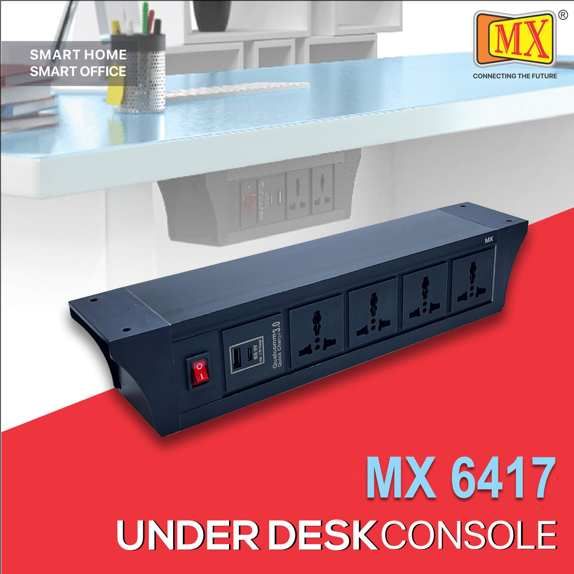 MX PDU Under table 6/13 Amps 4 Universal Socket | 2 USB (2.4 Amp) with 65W PD Charger | Dual Pole LED Indicator Switch | 6 Amps Heavy Duty Cord 3 Meter with ISI Marked, Aluminium Body Material(MX 6417-3M Black)