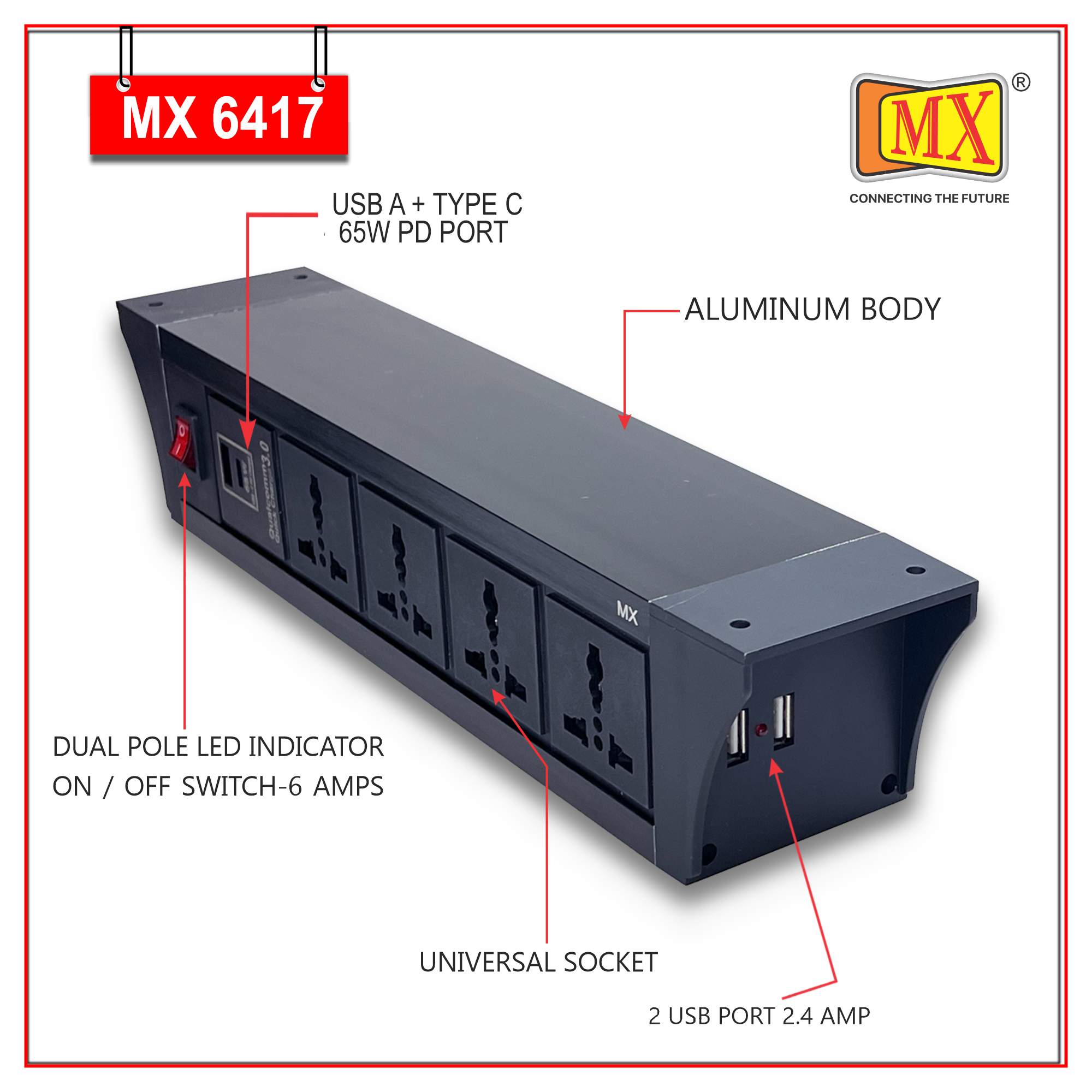 MX PDU Under table 6/13 Amps 4 Universal Socket | 2 USB (2.4 Amp) with 65W PD Charger | Dual Pole LED Indicator Switch | 6 Amps Heavy Duty Cord 3 Meter with ISI Marked, Aluminium Body Material(MX 6417-3M Black) - Image 2