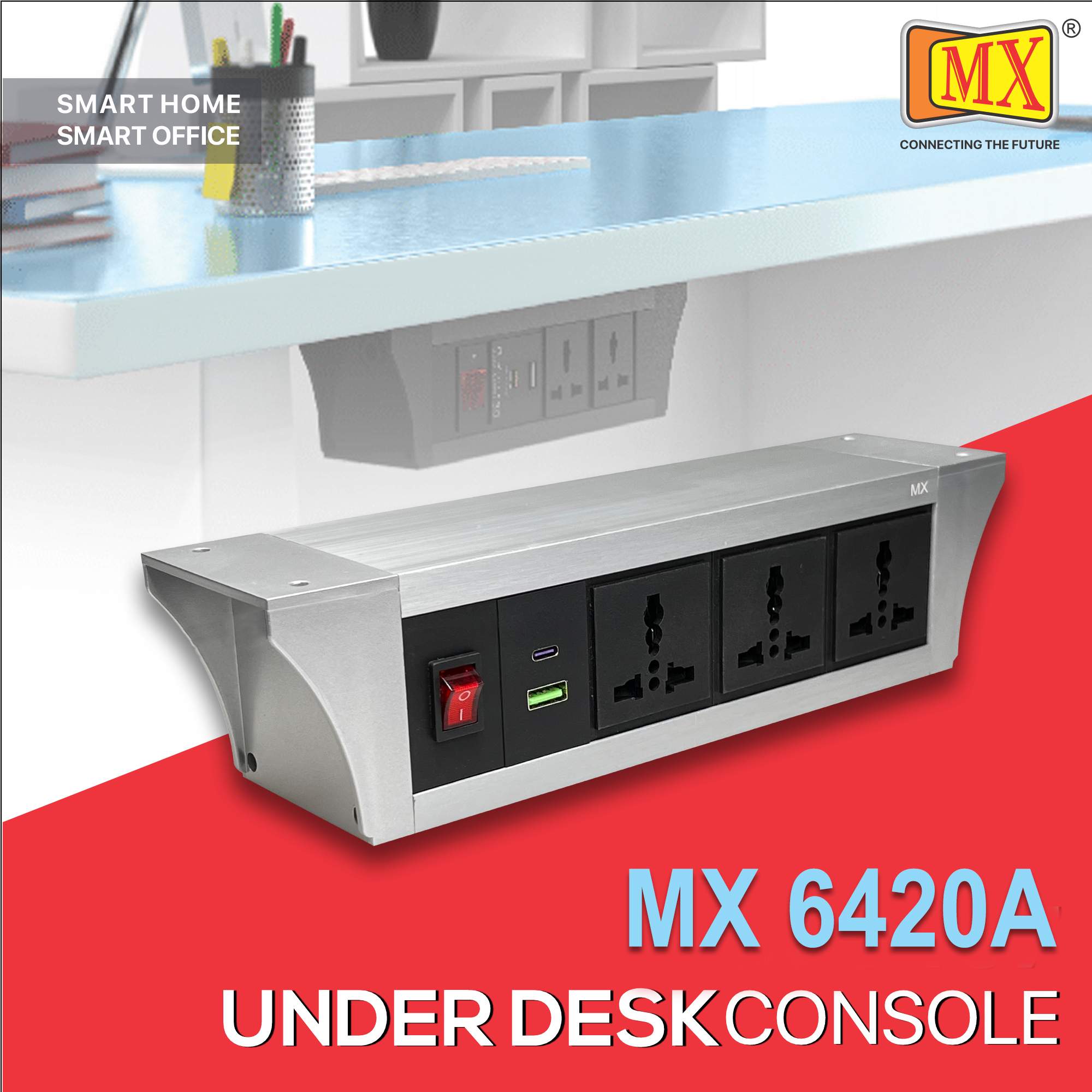 MX PDU Under table 6/13 Amps 3 Universal Socket | 2 USB (2.4 Amp) with 30W PD Charger | Dual Pole LED Indicator Switch | 6 Amps Heavy Duty Cord 10 Meter with ISI Marked, Aluminium Body Material(MX 6420A-10M Silver)