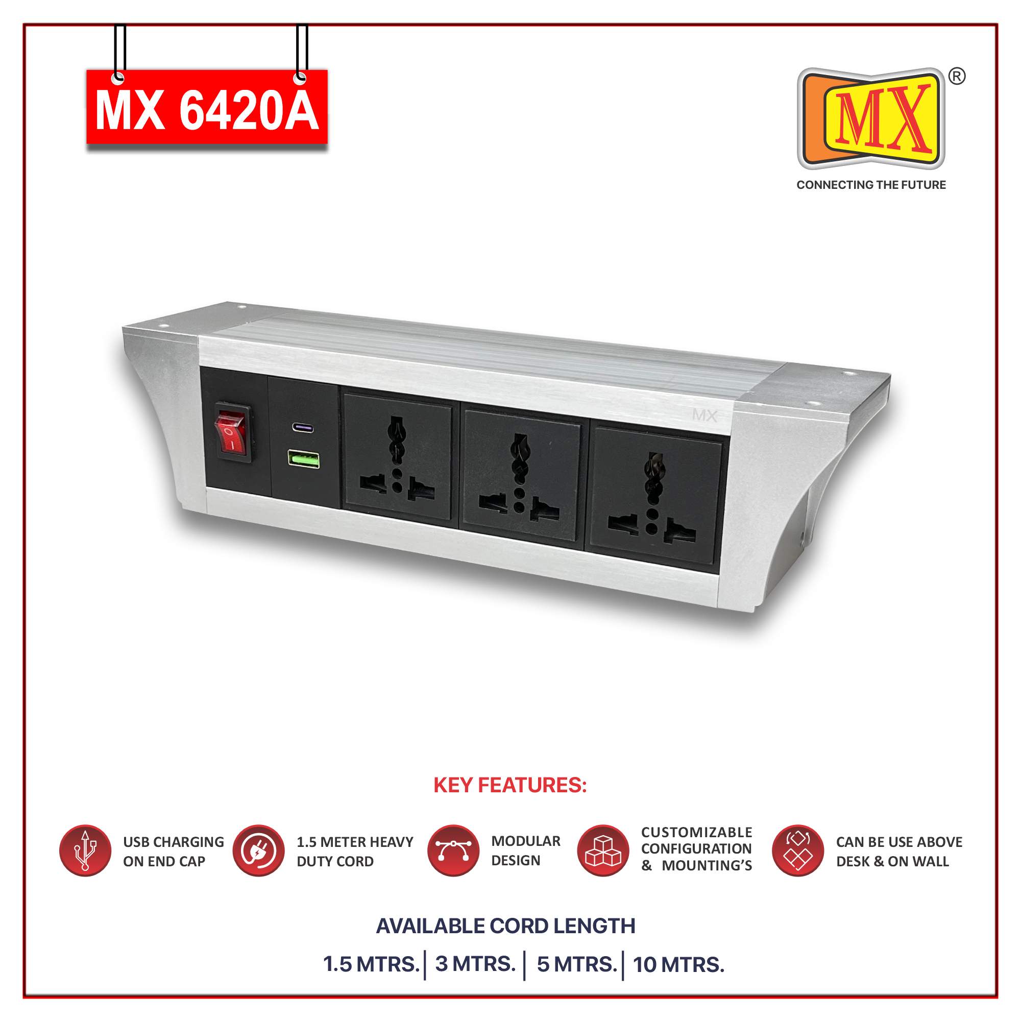 MX PDU Under table 6/13 Amps 3 Universal Socket | 2 USB (2.4 Amp) with 30W PD Charger | Dual Pole LED Indicator Switch | 6 Amps Heavy Duty Cord 10 Meter with ISI Marked, Aluminium Body Material(MX 6420A-10M Silver) - Image 2