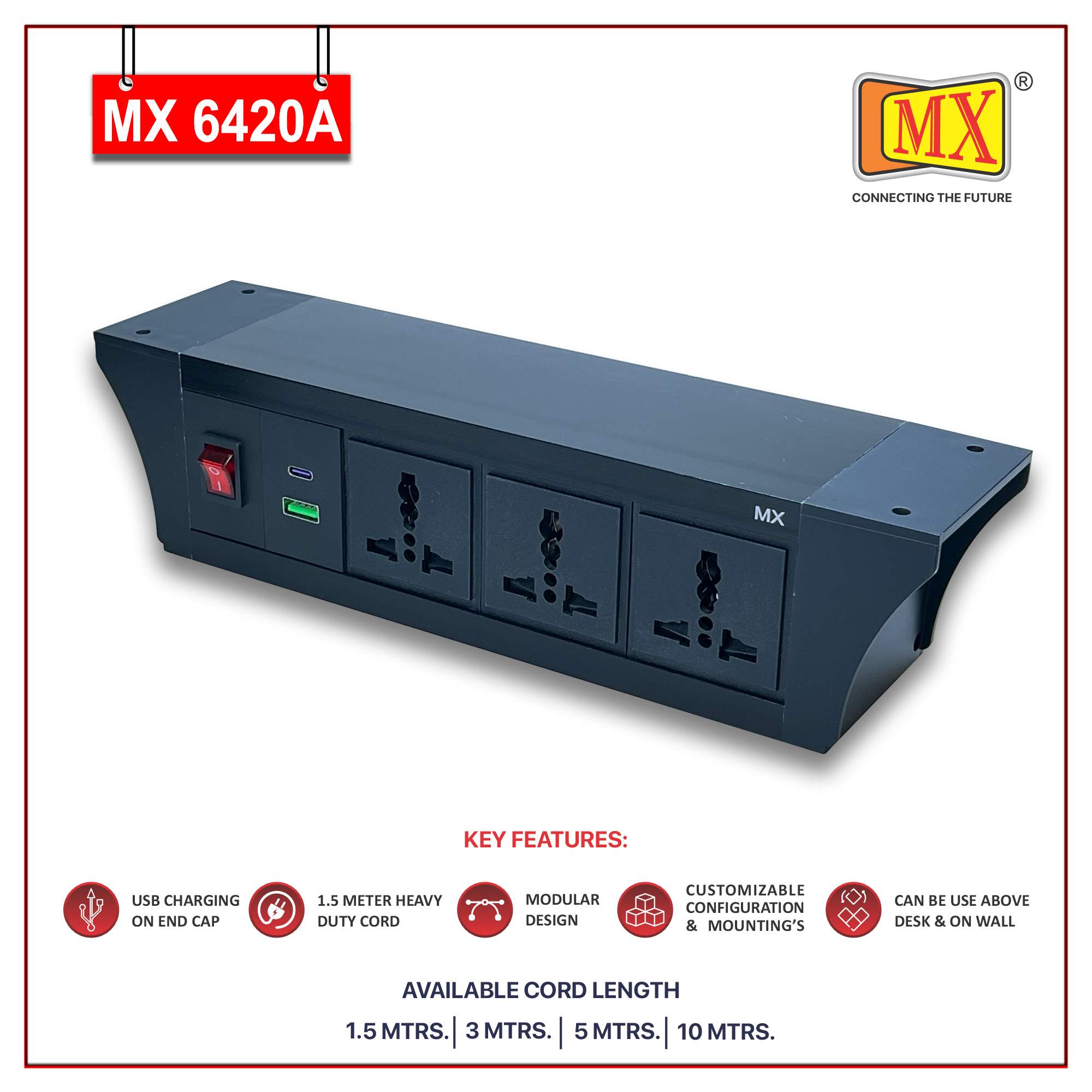 MX PDU Under table 6/13 Amps 3 Universal Socket | 2 USB (2.4 Amp) with 30W PD Charger | Dual Pole LED Indicator Switch | 6 Amps Heavy Duty Cord 10 Meter with ISI Marked, Aluminium Body Material(MX 6420A-10M Black) - Image 2