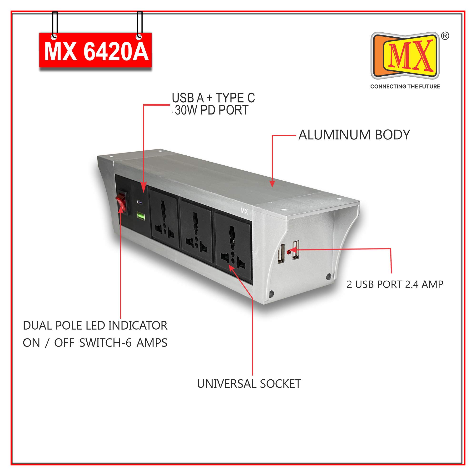 MX PDU Under table 6/13 Amps 3 Universal Socket | 2 USB (2.4 Amp) with 30W PD Charger | Dual Pole LED Indicator Switch | 6 Amps Heavy Duty Cord 10 Meter with ISI Marked, Aluminium Body Material(MX 6420A-10M Silver) - Image 3