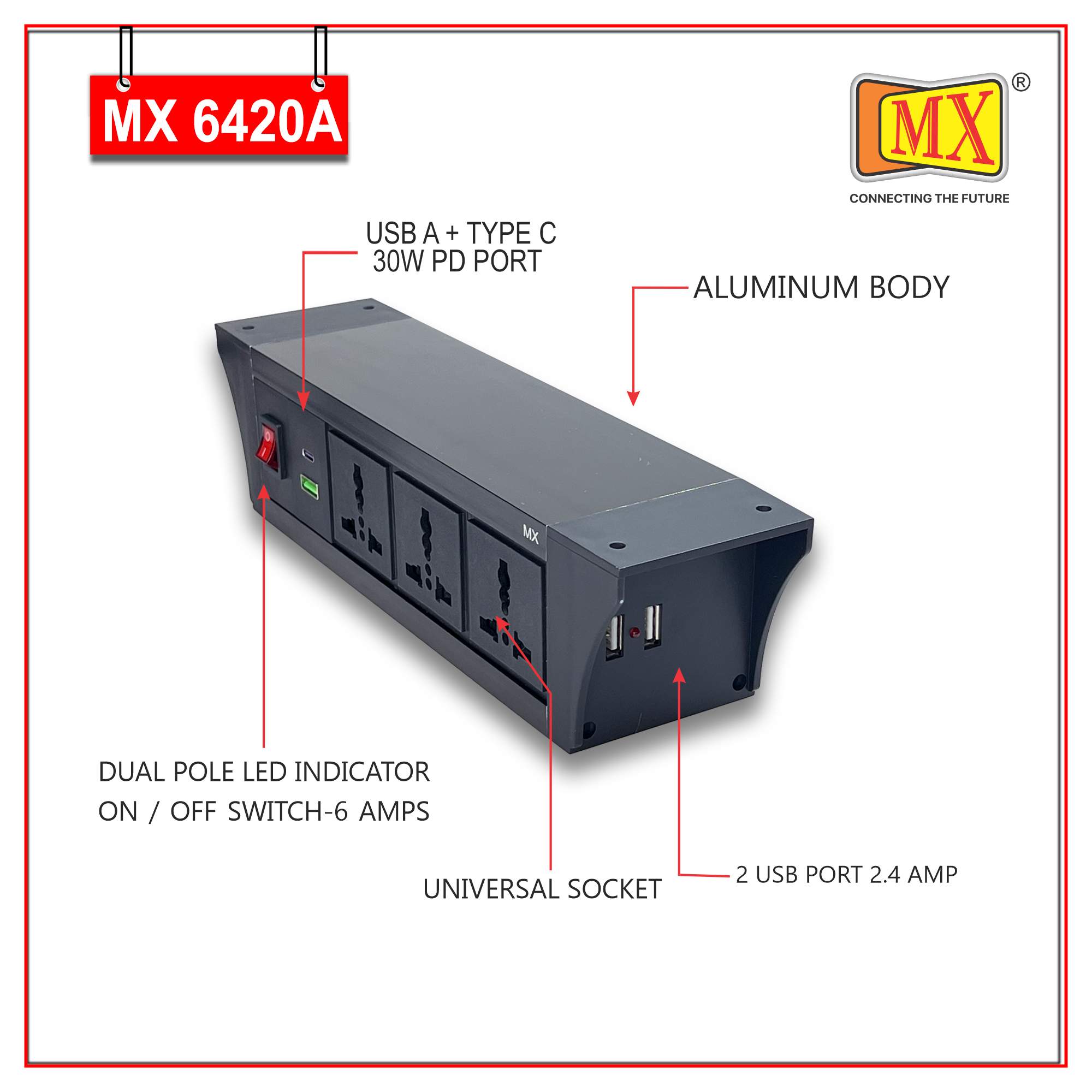 MX PDU Under table 6/13 Amps 3 Universal Socket | 2 USB (2.4 Amp) with 30W PD Charger | Dual Pole LED Indicator Switch | 6 Amps Heavy Duty Cord 10 Meter with ISI Marked, Aluminium Body Material(MX 6420A-10M Black) - Image 3