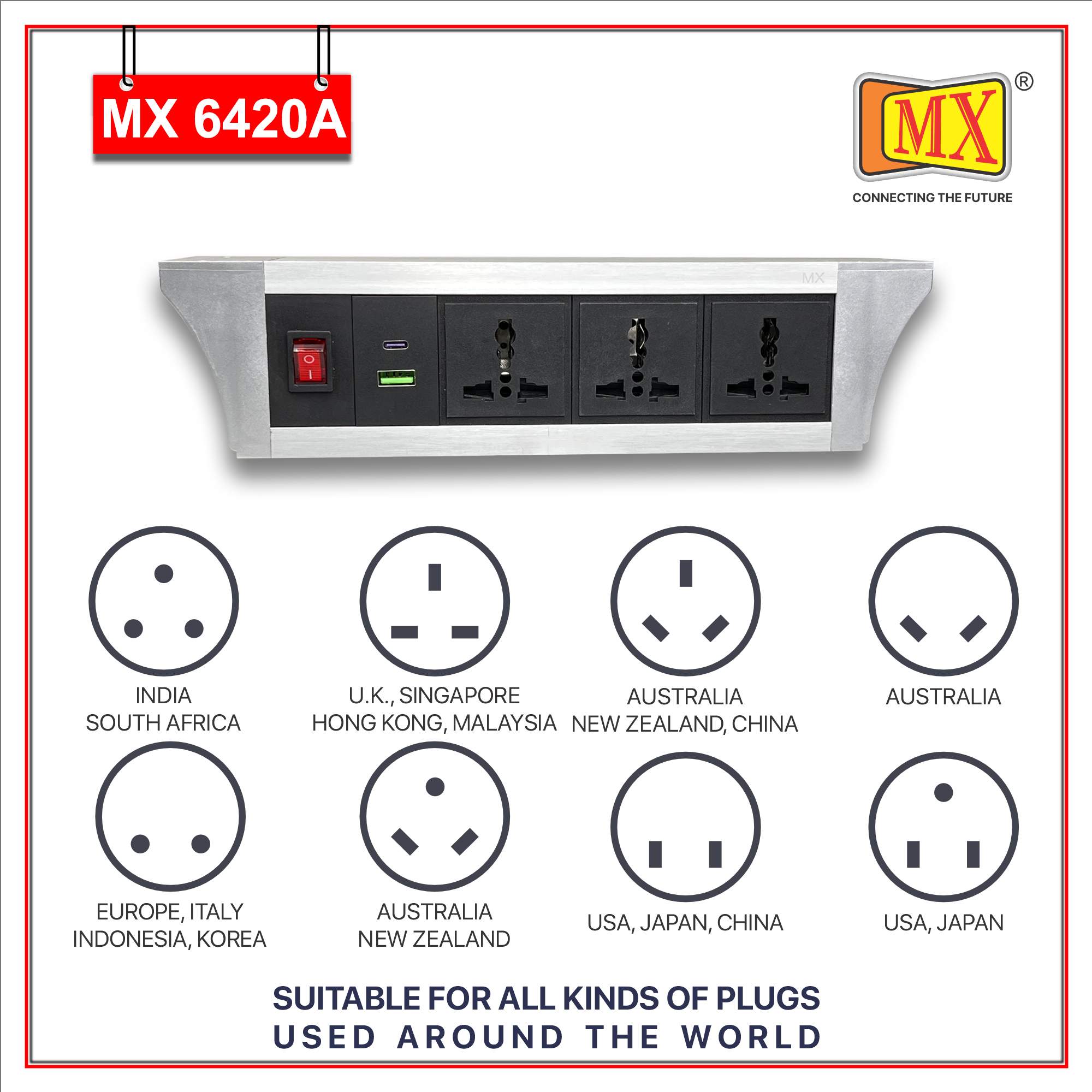 MX PDU Under table 6/13 Amps 3 Universal Socket | 2 USB (2.4 Amp) with 30W PD Charger | Dual Pole LED Indicator Switch | 6 Amps Heavy Duty Cord 10 Meter with ISI Marked, Aluminium Body Material(MX 6420A-10M Silver) - Image 4