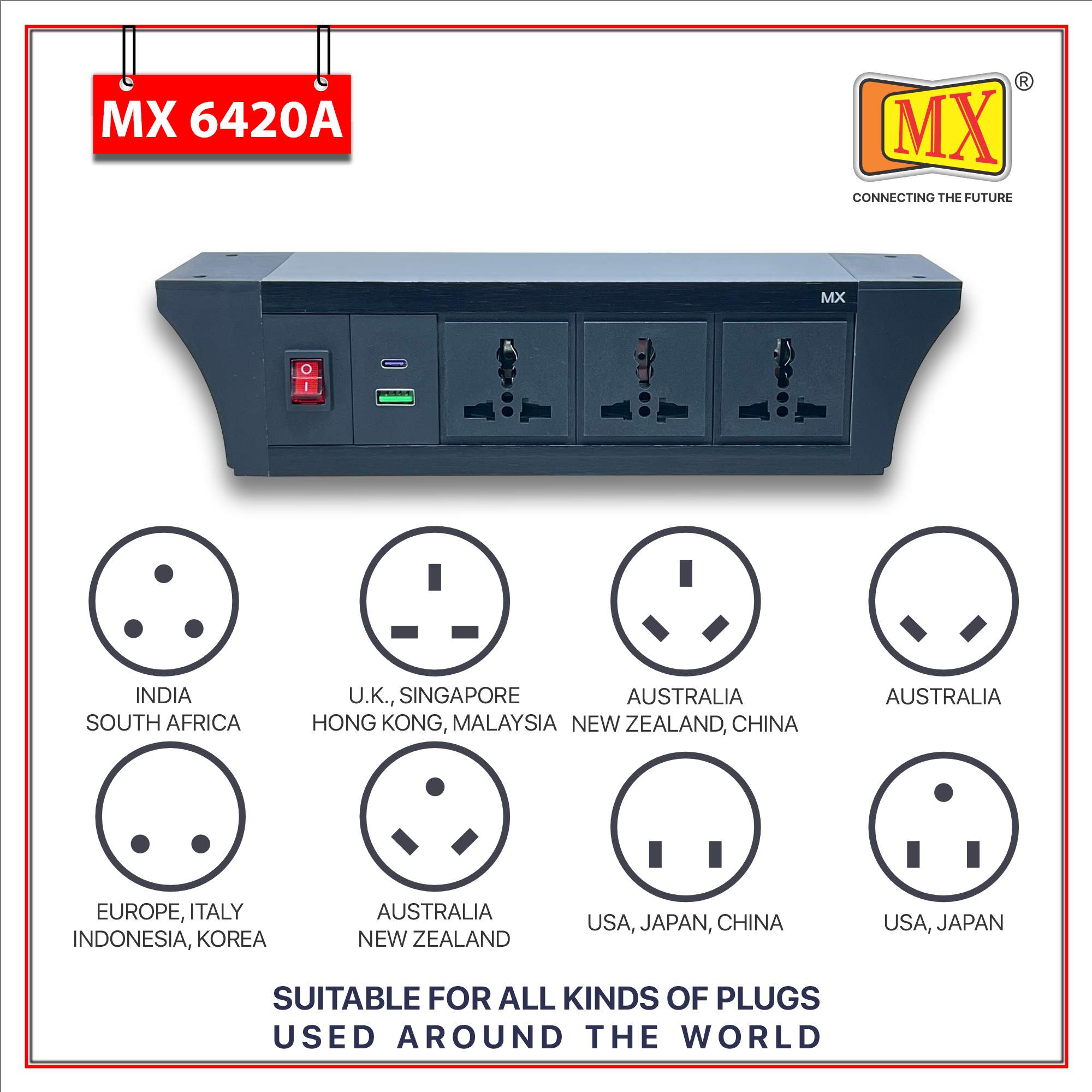 MX PDU Under table 6/13 Amps 3 Universal Socket | 2 USB (2.4 Amp) with 30W PD Charger | Dual Pole LED Indicator Switch | 6 Amps Heavy Duty Cord 10 Meter with ISI Marked, Aluminium Body Material(MX 6420A-10M Black) - Image 4