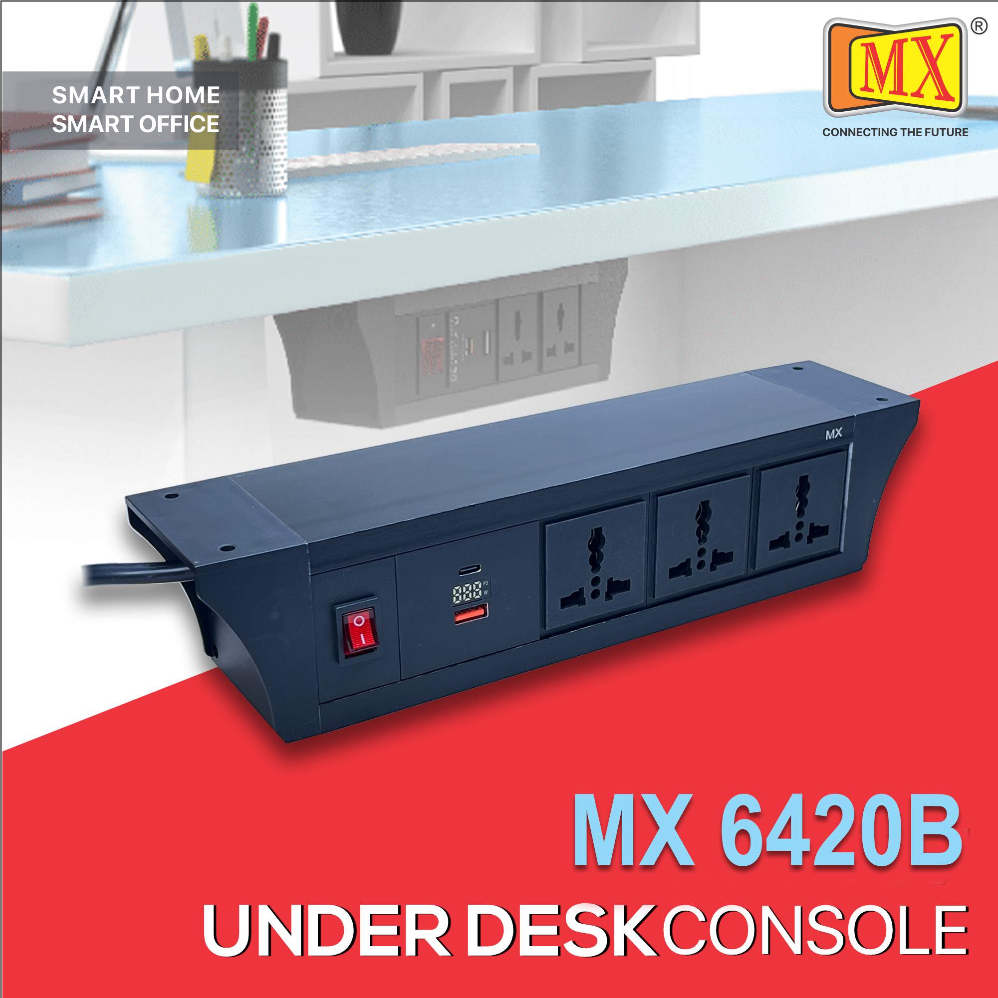 MX PDU Under table 6/13 Amps 3 Universal Socket | 2 USB (2.4 Amp) with 30W PD Charger With Display | Dual Pole LED Indicator Switch | 6 Amps Heavy Duty Cord 1.5 Meter with ISI Marked, Aluminium Body Material(MX 6420B-1.5M Black)