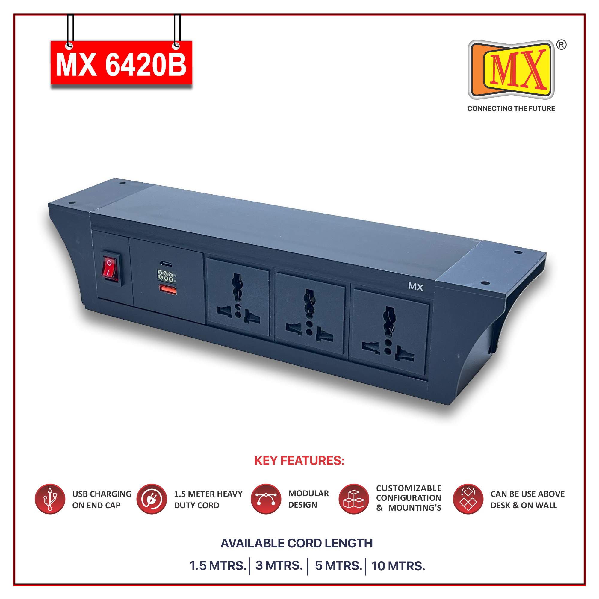 MX PDU Under table 6/13 Amps 3 Universal Socket | 2 USB (2.4 Amp) with 30W PD Charger With Display | Dual Pole LED Indicator Switch | 6 Amps Heavy Duty Cord 1.5 Meter with ISI Marked, Aluminium Body Material(MX 6420B-1.5M Black) - Image 2