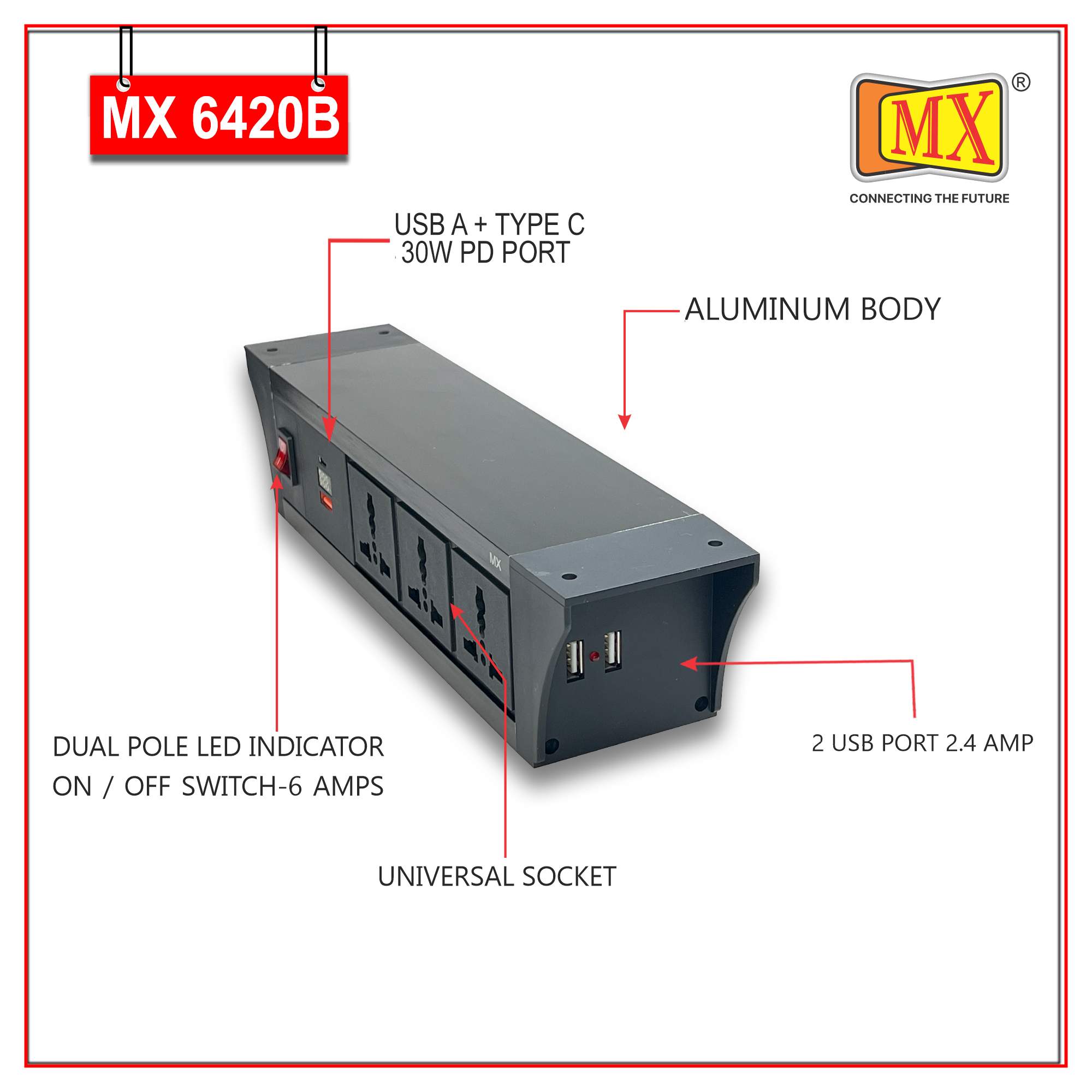 MX PDU Under table 6/13 Amps 3 Universal Socket | 2 USB (2.4 Amp) with 30W PD Charger With Display | Dual Pole LED Indicator Switch | 6 Amps Heavy Duty Cord 1.5 Meter with ISI Marked, Aluminium Body Material(MX 6420B-1.5M Black) - Image 3