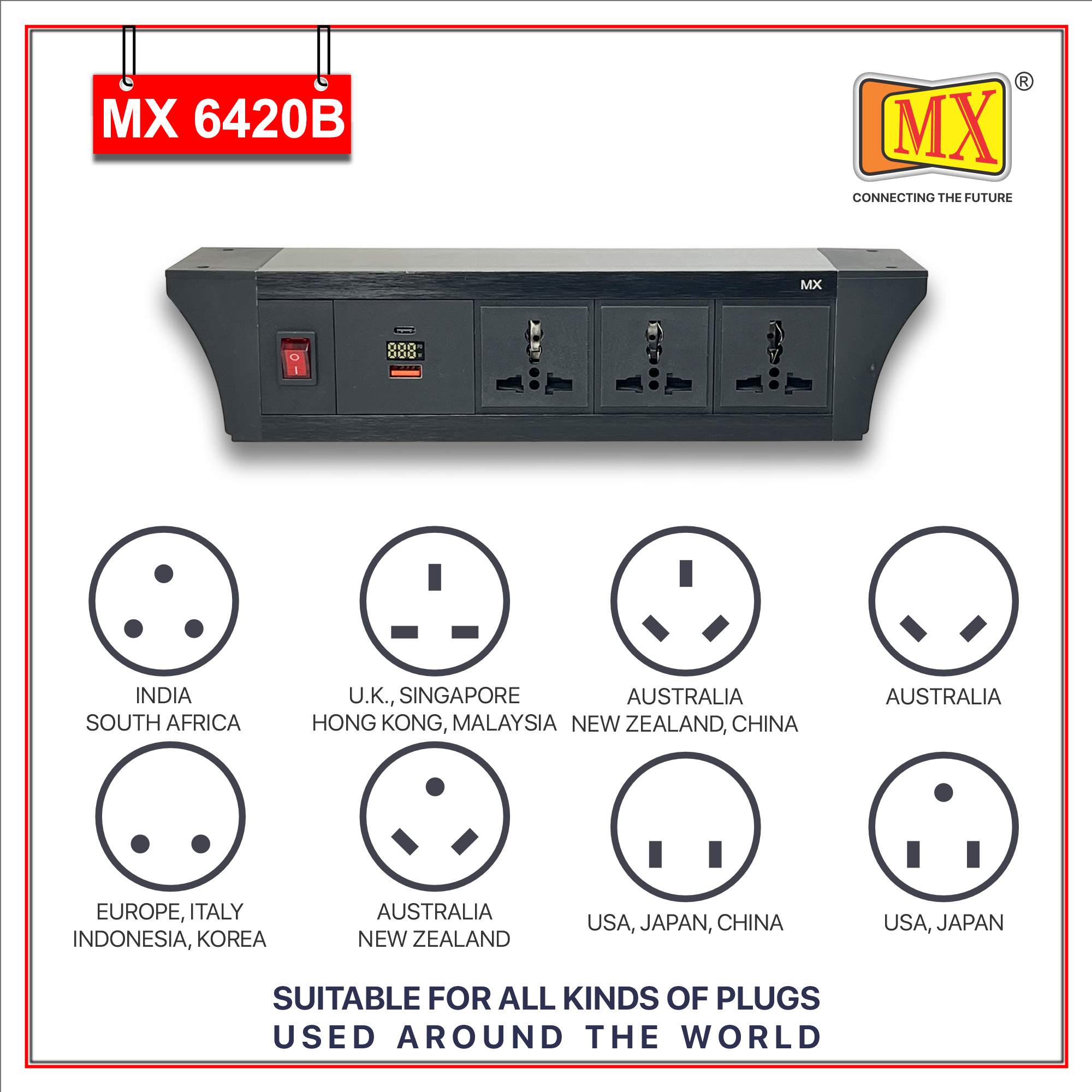 MX PDU Under table 6/13 Amps 3 Universal Socket | 2 USB (2.4 Amp) with 30W PD Charger With Display | Dual Pole LED Indicator Switch | 6 Amps Heavy Duty Cord 1.5 Meter with ISI Marked, Aluminium Body Material(MX 6420B-1.5M Black) - Image 4