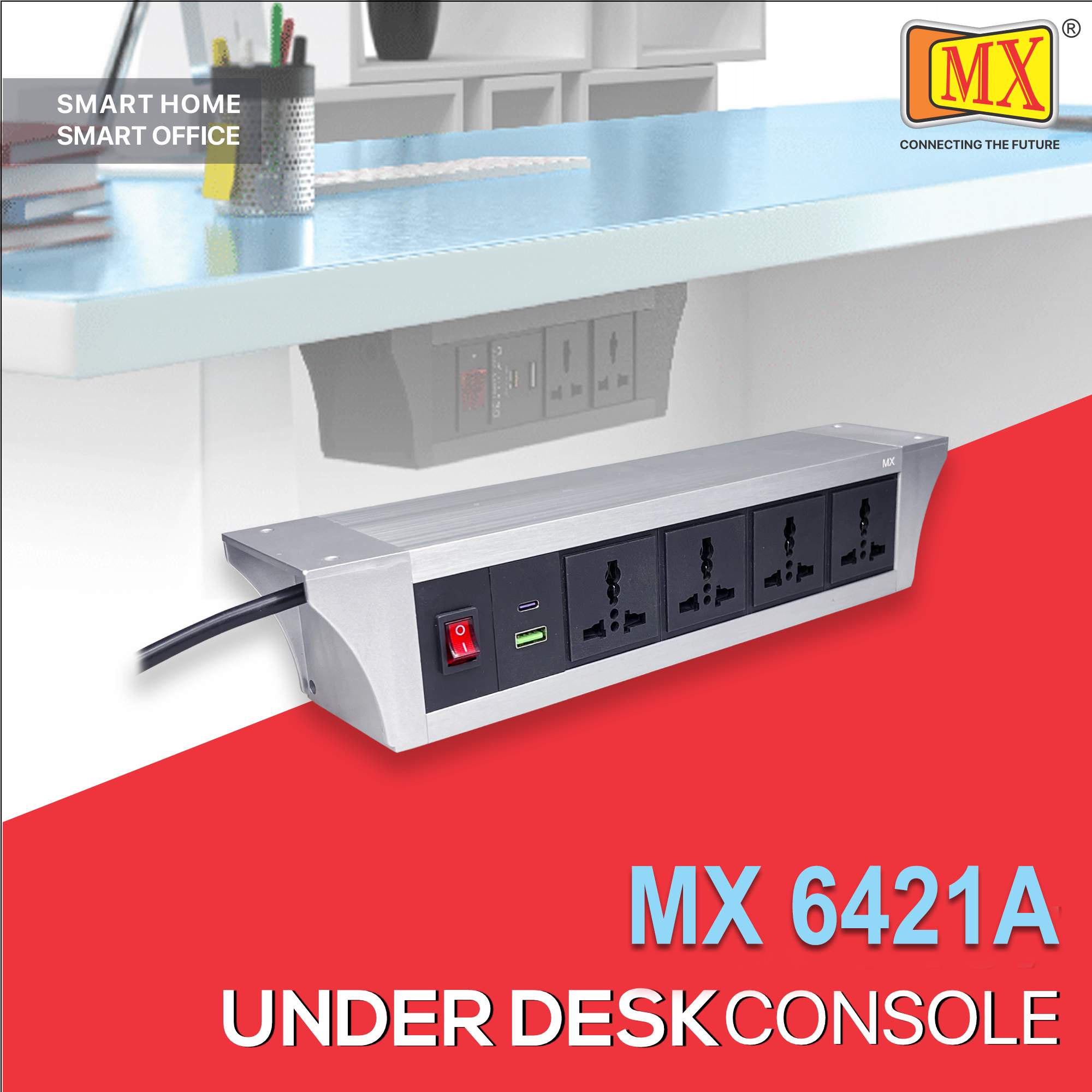 MX PDU Under table 6/13 Amps 4 Universal Socket | 2 USB (2.4 Amp) with 30W PD Charger | Dual Pole LED Indicator Switch | 6 Amps Heavy Duty Cord 10 Meter with ISI Marked, Aluminium Body Material(MX 6421A-10M Silver)
