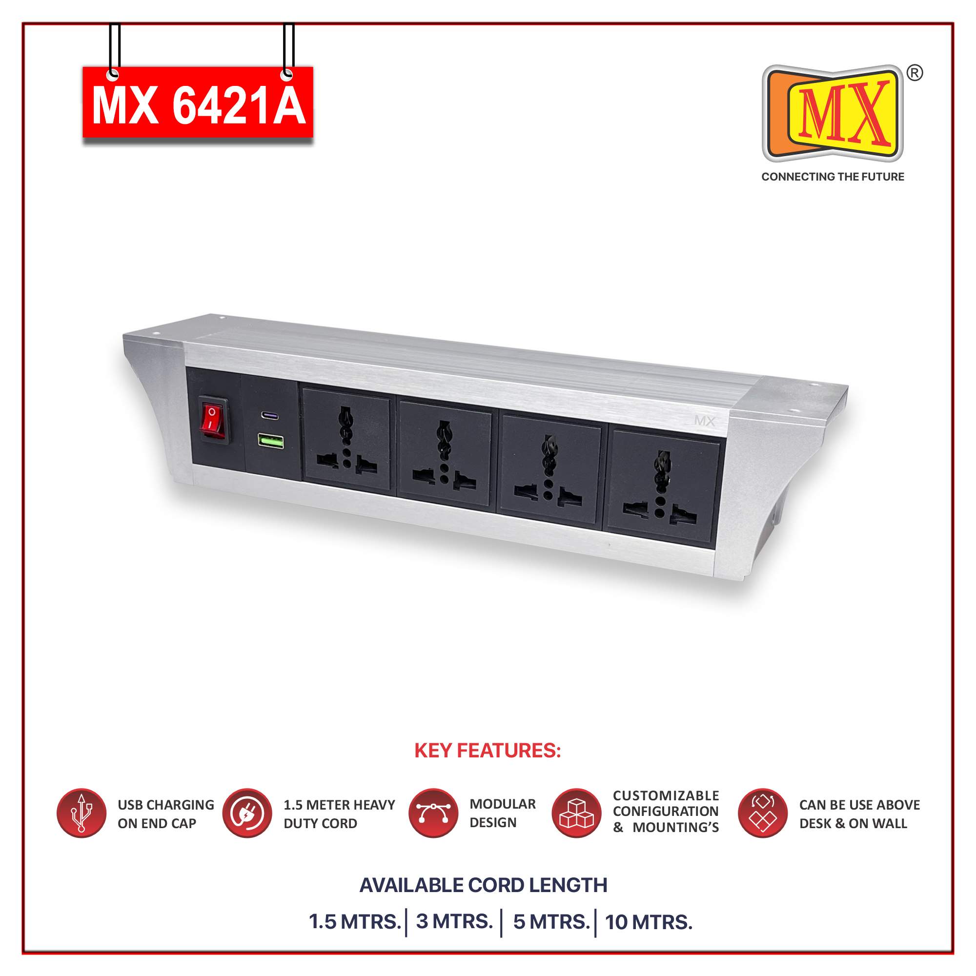 MX PDU Under table 6/13 Amps 4 Universal Socket | 2 USB (2.4 Amp) with 30W PD Charger | Dual Pole LED Indicator Switch | 6 Amps Heavy Duty Cord 10 Meter with ISI Marked, Aluminium Body Material(MX 6421A-10M Silver) - Image 2
