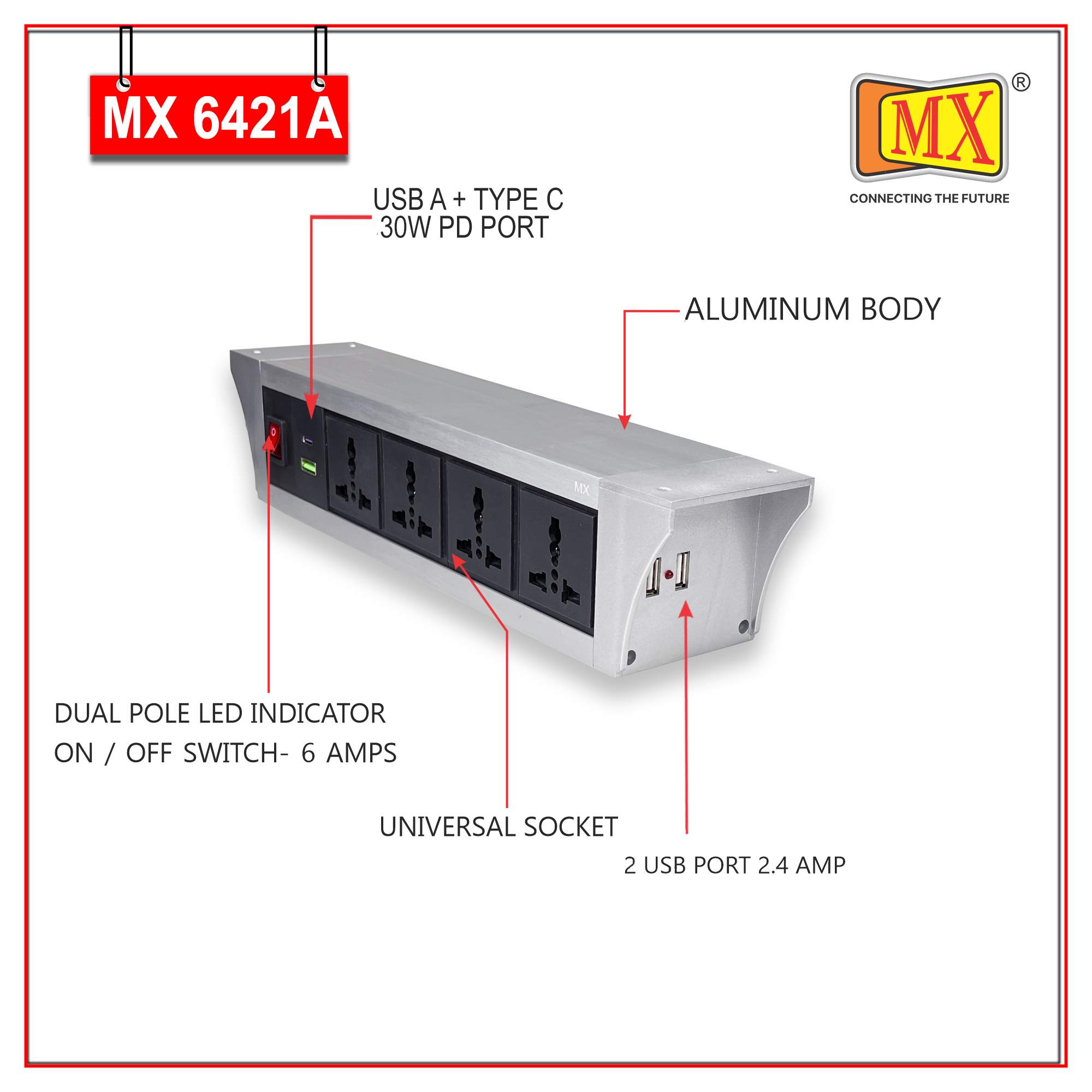 MX PDU Under table 6/13 Amps 4 Universal Socket | 2 USB (2.4 Amp) with 30W PD Charger | Dual Pole LED Indicator Switch | 6 Amps Heavy Duty Cord 10 Meter with ISI Marked, Aluminium Body Material(MX 6421A-10M Silver) - Image 3