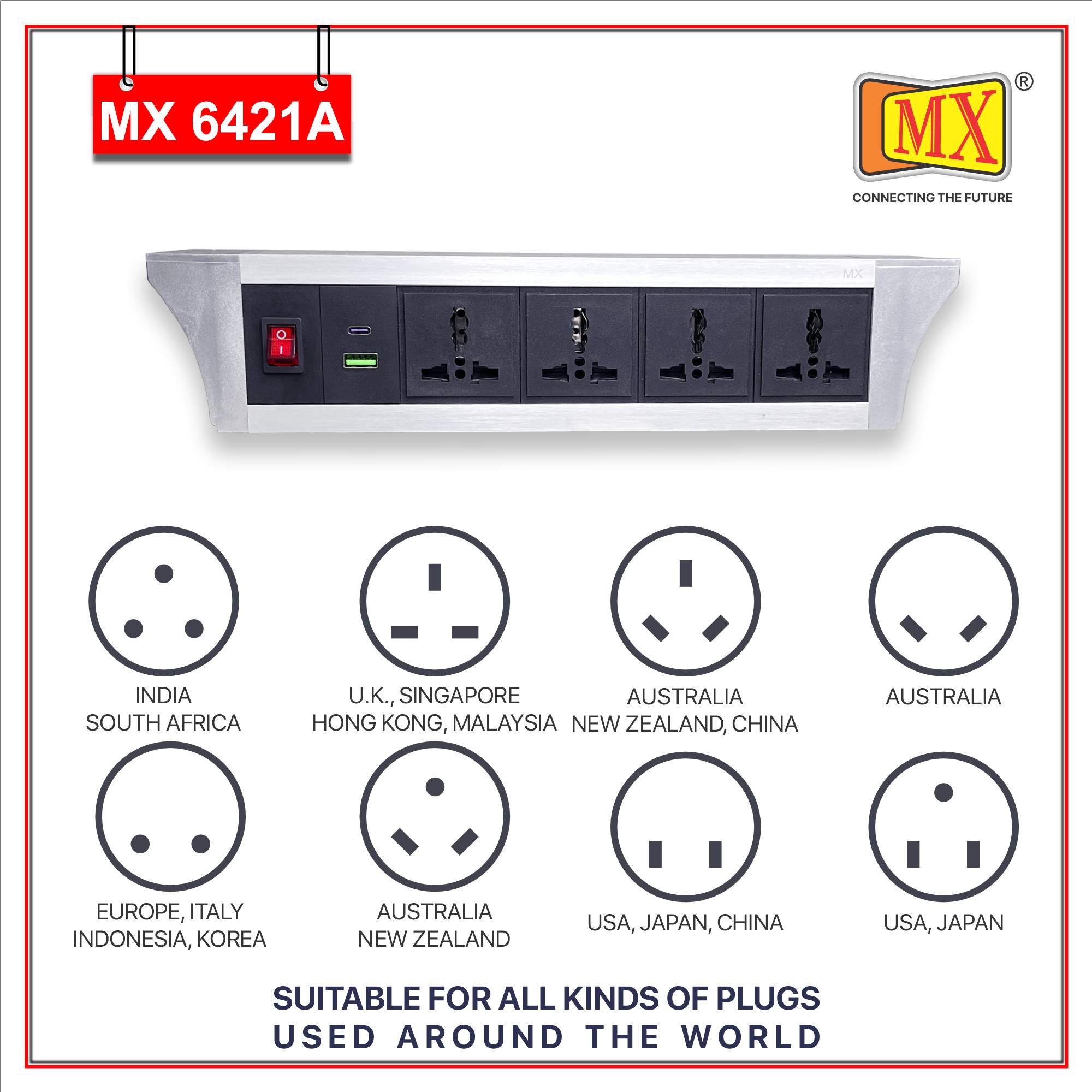 MX PDU Under table 6/13 Amps 4 Universal Socket | 2 USB (2.4 Amp) with 30W PD Charger | Dual Pole LED Indicator Switch | 6 Amps Heavy Duty Cord 10 Meter with ISI Marked, Aluminium Body Material(MX 6421A-10M Silver) - Image 4