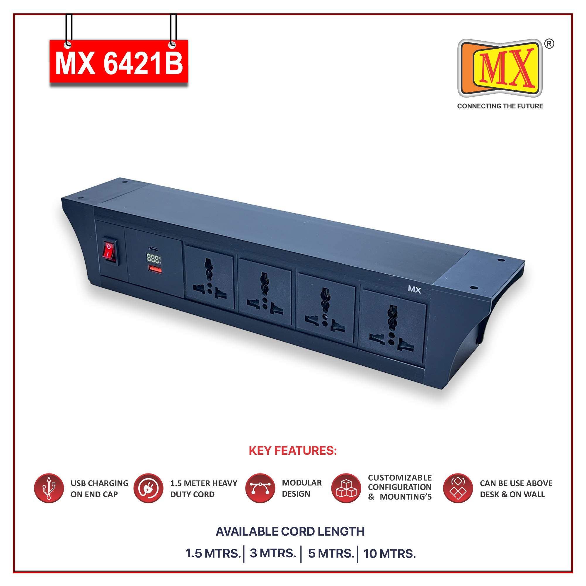 MX PDU Under table 6/13 Amps 4 Universal Socket | 2 USB (2.4 Amp) with 30W PD Charger With Display | Dual Pole LED Indicator Switch | 6 Amps Heavy Duty Cord 10 Meter with ISI Marked, Aluminium Body Material(MX 6421B-10M Black) - Image 2
