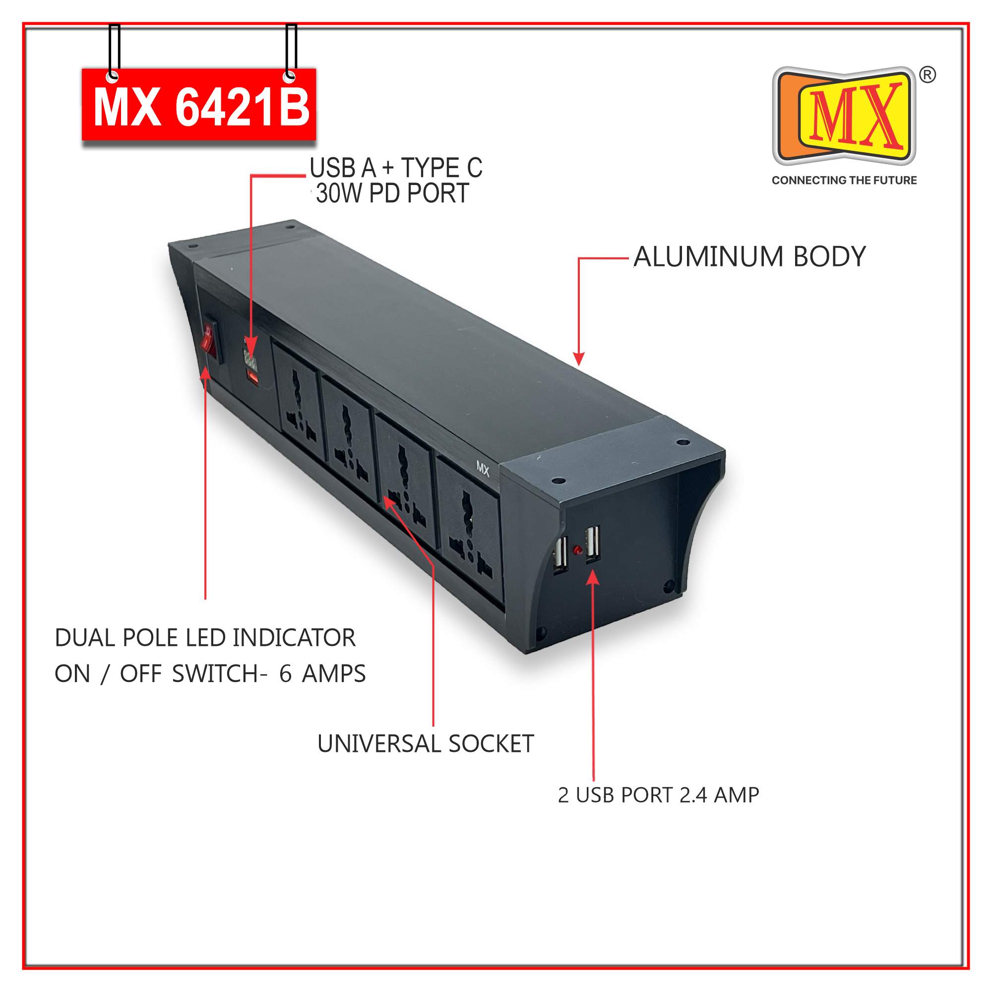 MX PDU Under table 6/13 Amps 4 Universal Socket | 2 USB (2.4 Amp) with 30W PD Charger With Display | Dual Pole LED Indicator Switch | 6 Amps Heavy Duty Cord 10 Meter with ISI Marked, Aluminium Body Material(MX 6421B-10M Black) - Image 3