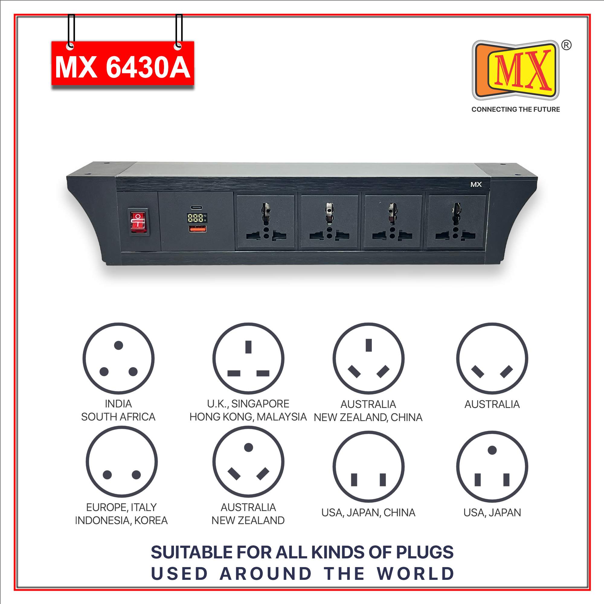 MX PDU Under table 6/13 Amps 4 Universal Socket | 2 USB (2.4 Amp) with 30W PD Charger With Display | Dual Pole LED Indicator Switch | 6 Amps Heavy Duty Cord 10 Meter with ISI Marked, Aluminium Body Material(MX 6421B-10M Black) - Image 4