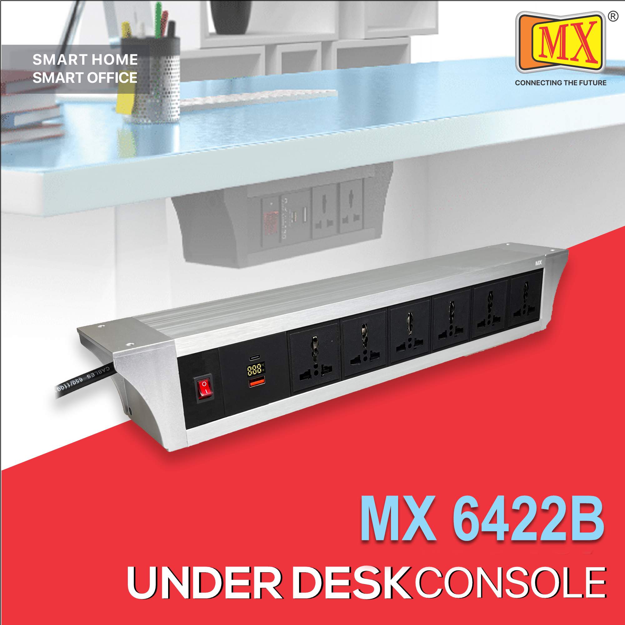 MX PDU Under table 6/13 Amps 6 Universal Socket | 2 USB (2.4 Amp) with 30W PD Charger With Display | Dual Pole LED Indicator Switch | 6 Amps Heavy Duty Cord 5 Meter with ISI Marked, Aluminium Body Material(MX 6422B-5M Silver)