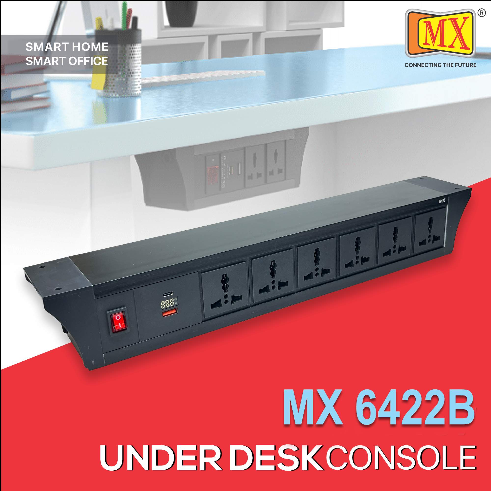 MX PDU Under table 6/13 Amps 6 Universal Socket | 2 USB (2.4 Amp) with 30W PD Charger With Display | Dual Pole LED Indicator Switch | 6 Amps Heavy Duty Cord 1.5 Meter with ISI Marked, Aluminium Body Material(MX 6422B-1.5M Black)