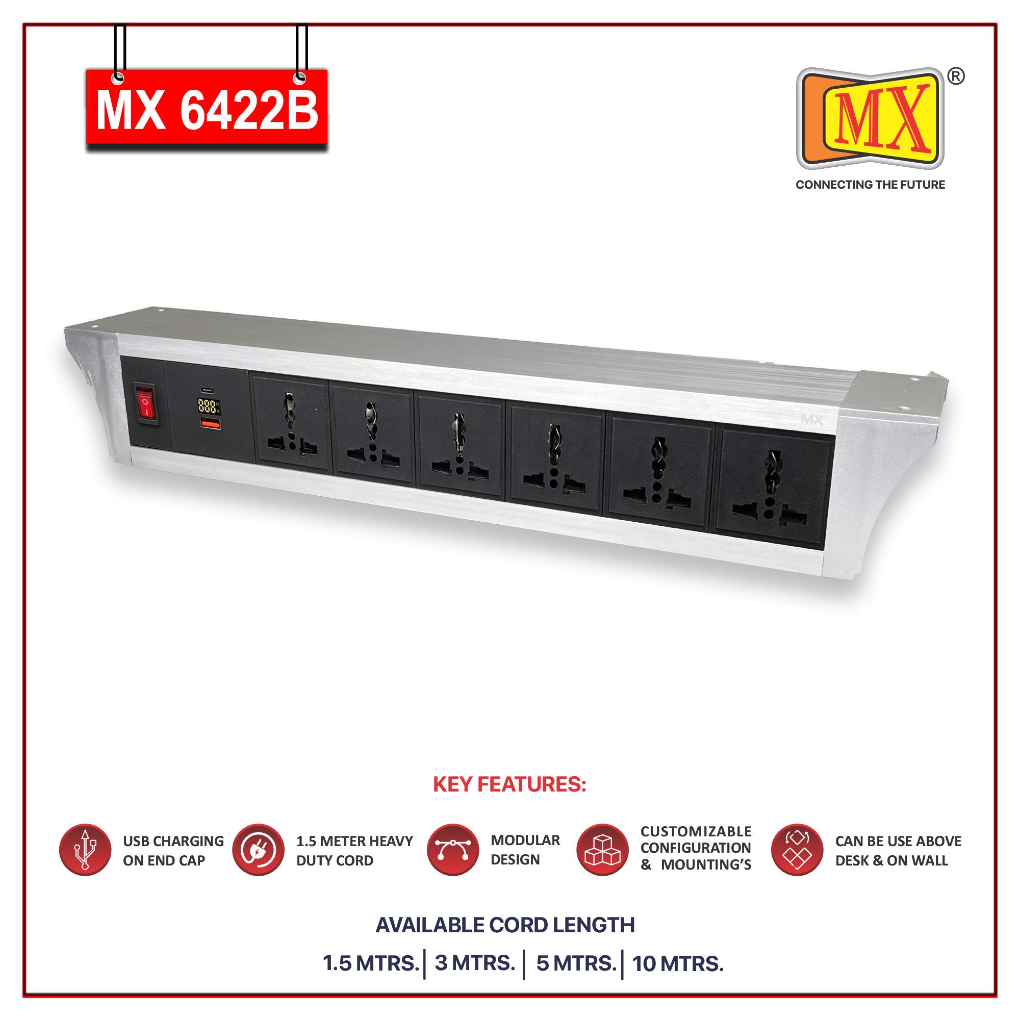 MX PDU Under table 6/13 Amps 6 Universal Socket | 2 USB (2.4 Amp) with 30W PD Charger With Display | Dual Pole LED Indicator Switch | 6 Amps Heavy Duty Cord 5 Meter with ISI Marked, Aluminium Body Material(MX 6422B-5M Silver) - Image 2