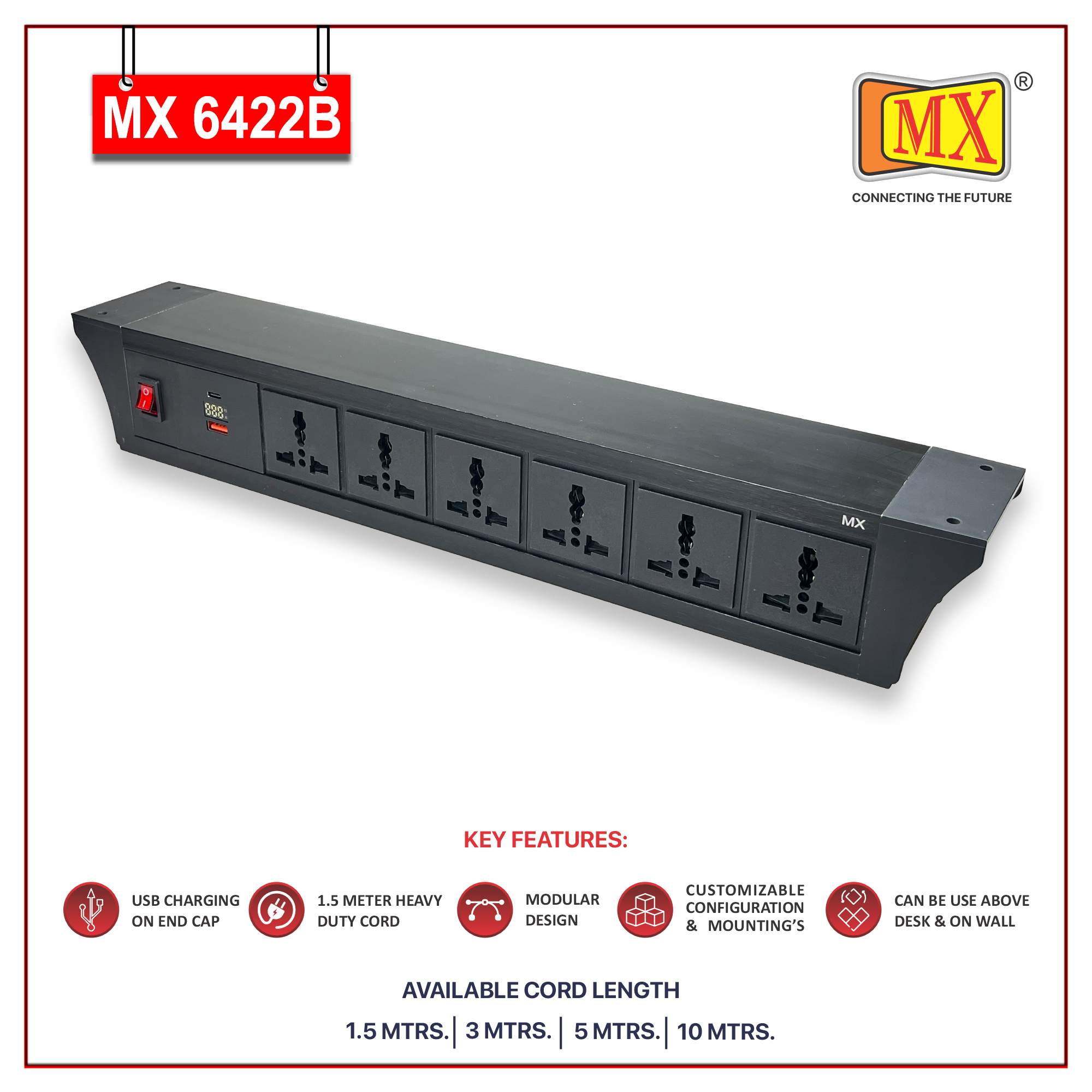 MX PDU Under table 6/13 Amps 6 Universal Socket | 2 USB (2.4 Amp) with 30W PD Charger With Display | Dual Pole LED Indicator Switch | 6 Amps Heavy Duty Cord 1.5 Meter with ISI Marked, Aluminium Body Material(MX 6422B-1.5M Black) - Image 2