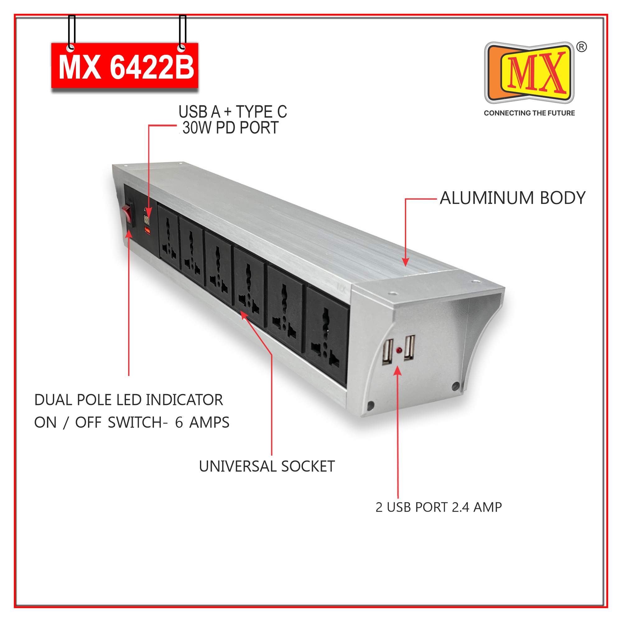 MX PDU Under table 6/13 Amps 6 Universal Socket | 2 USB (2.4 Amp) with 30W PD Charger With Display | Dual Pole LED Indicator Switch | 6 Amps Heavy Duty Cord 5 Meter with ISI Marked, Aluminium Body Material(MX 6422B-5M Silver) - Image 3
