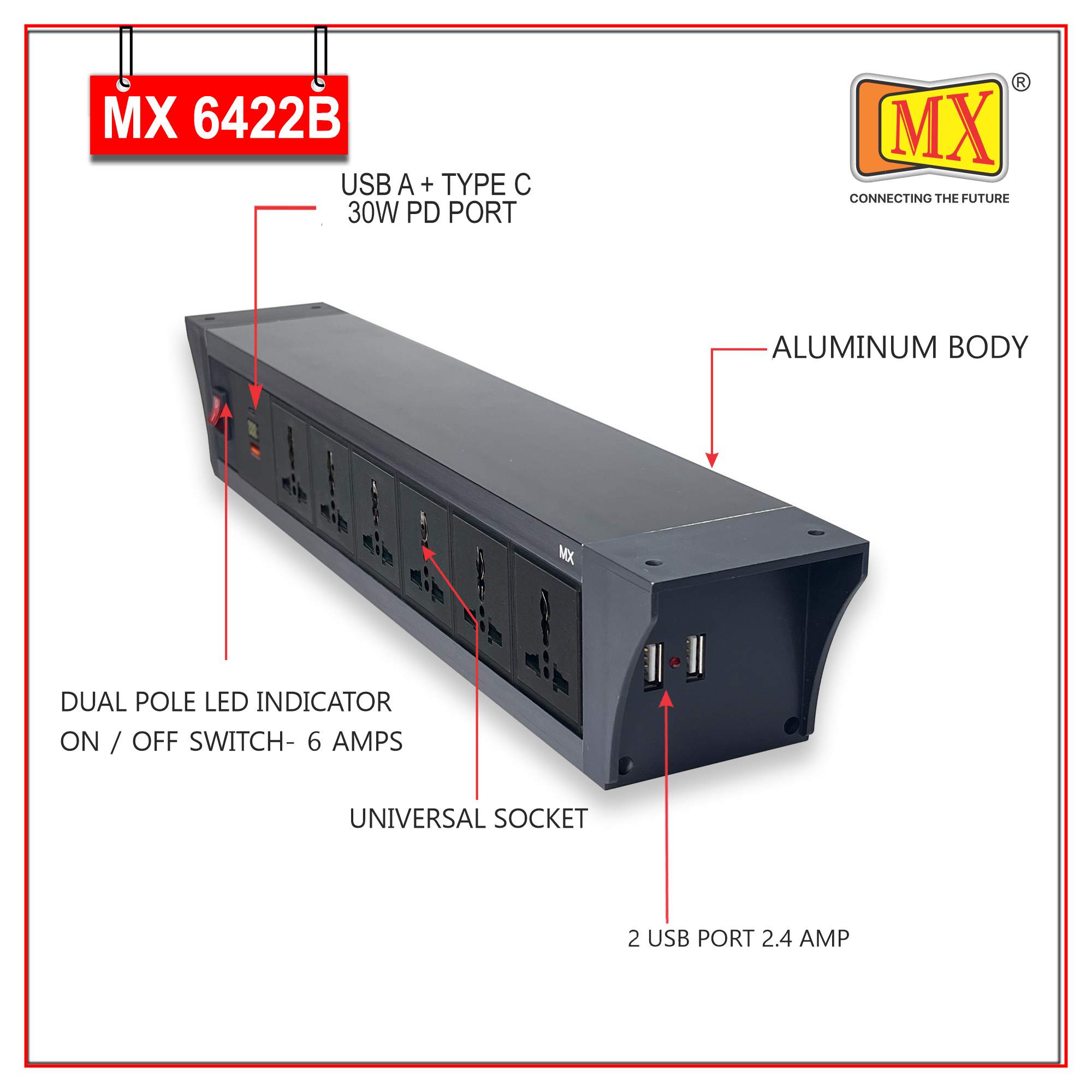 MX PDU Under table 6/13 Amps 6 Universal Socket | 2 USB (2.4 Amp) with 30W PD Charger With Display | Dual Pole LED Indicator Switch | 6 Amps Heavy Duty Cord 1.5 Meter with ISI Marked, Aluminium Body Material(MX 6422B-1.5M Black) - Image 3