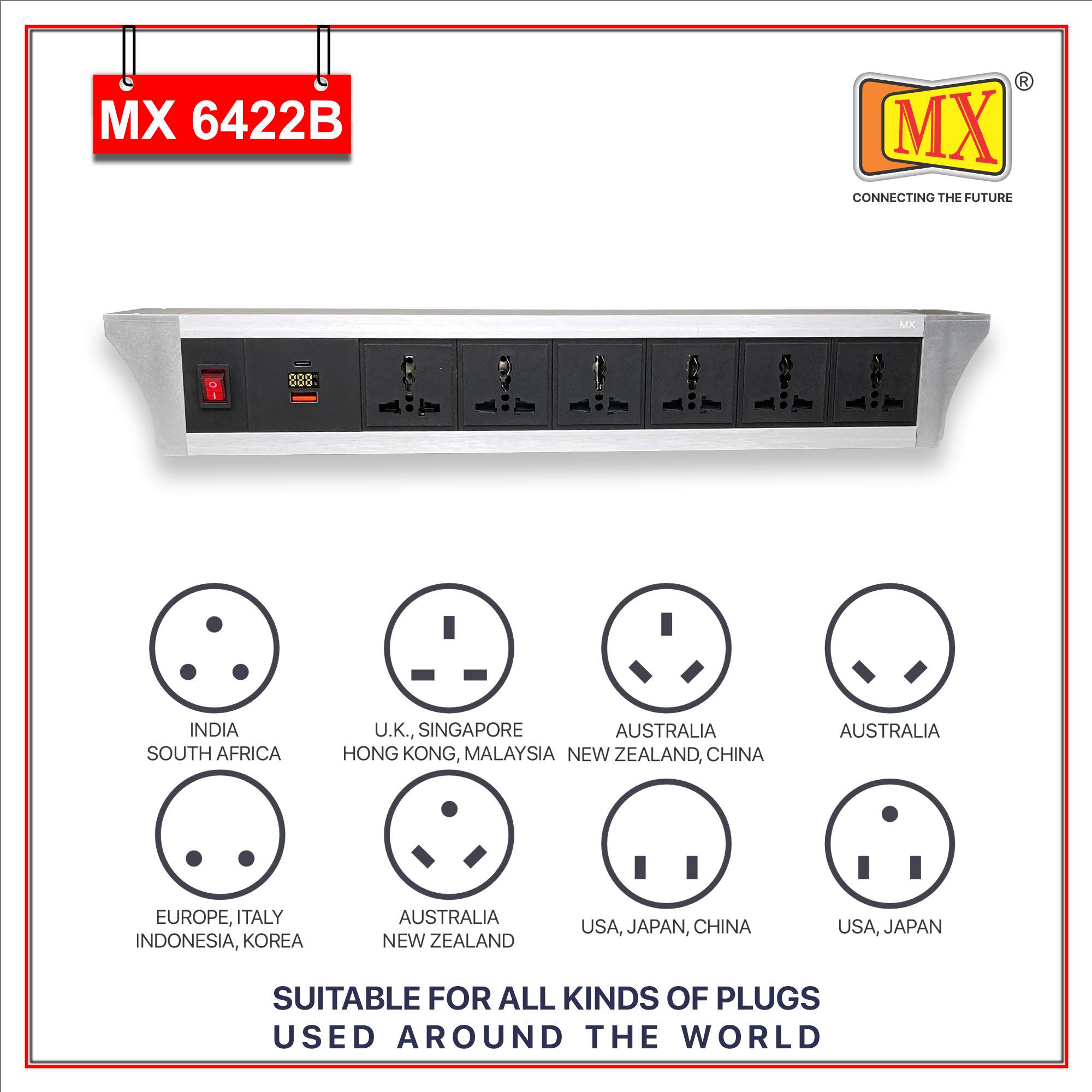 MX PDU Under table 6/13 Amps 6 Universal Socket | 2 USB (2.4 Amp) with 30W PD Charger With Display | Dual Pole LED Indicator Switch | 6 Amps Heavy Duty Cord 5 Meter with ISI Marked, Aluminium Body Material(MX 6422B-5M Silver) - Image 4