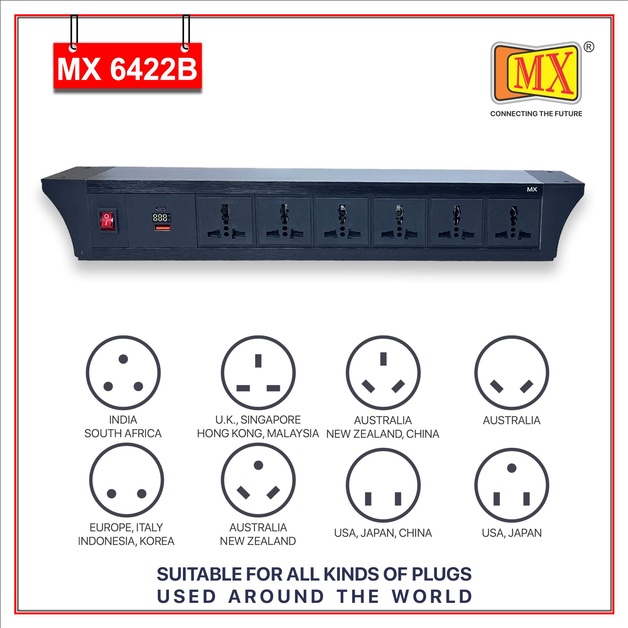 MX PDU Under table 6/13 Amps 6 Universal Socket | 2 USB (2.4 Amp) with 30W PD Charger With Display | Dual Pole LED Indicator Switch | 6 Amps Heavy Duty Cord 1.5 Meter with ISI Marked, Aluminium Body Material(MX 6422B-1.5M Black) - Image 4