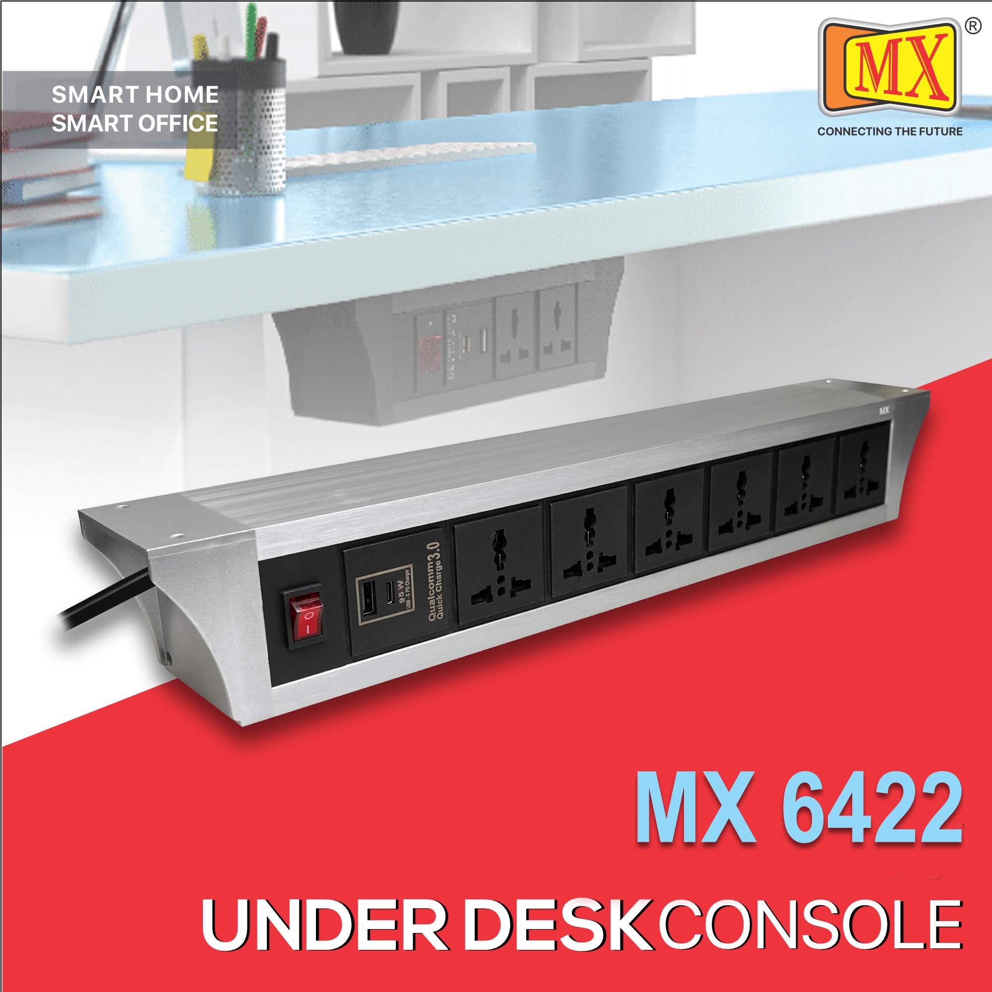 MX PDU Under table 6/13 Amps 6 Universal Socket | 2 USB (2.4 Amp) with 95W PD Charger | Dual Pole LED Indicator Switch | 6 Amps Heavy Duty Cord 10 Meter with ISI Marked, Aluminium Body Material(MX 6422-10M Silver)