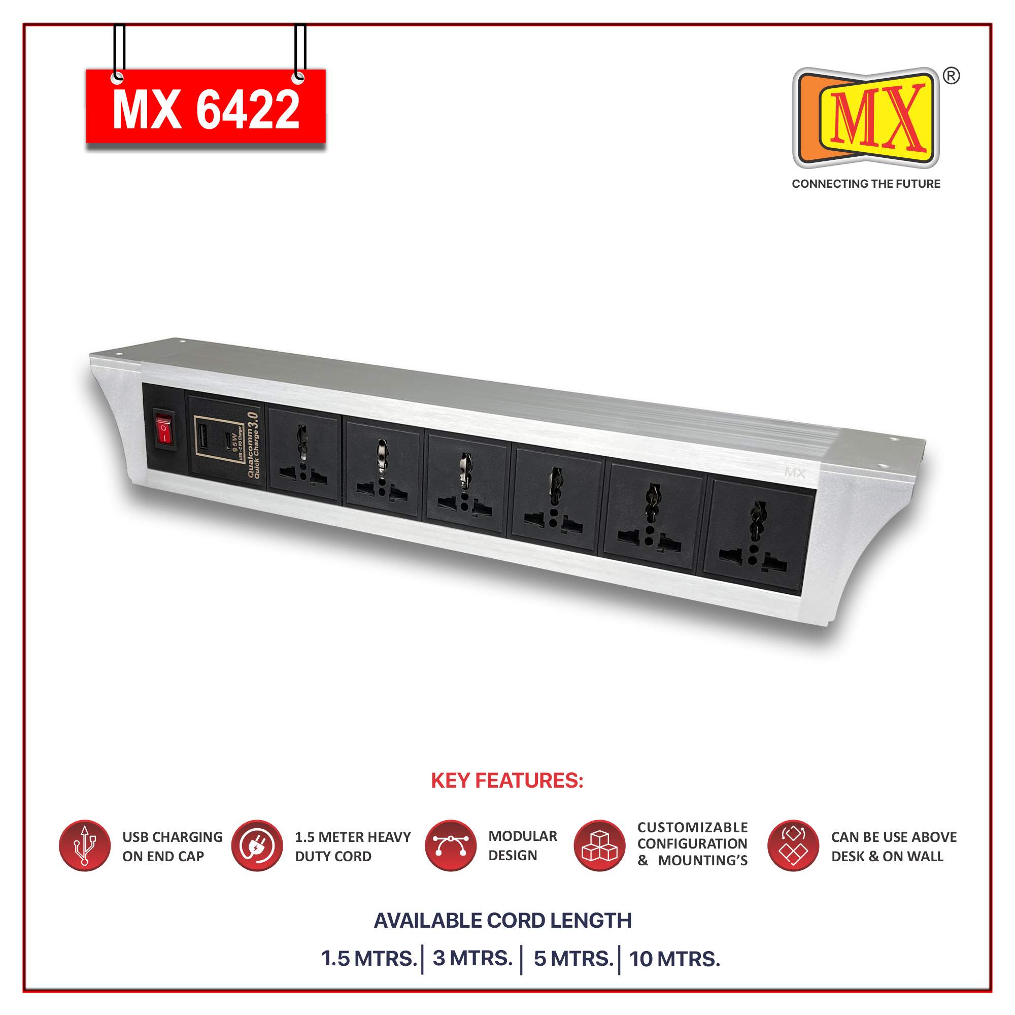 MX PDU Under table 6/13 Amps 6 Universal Socket | 2 USB (2.4 Amp) with 95W PD Charger | Dual Pole LED Indicator Switch | 6 Amps Heavy Duty Cord 10 Meter with ISI Marked, Aluminium Body Material(MX 6422-10M Silver) - Image 2