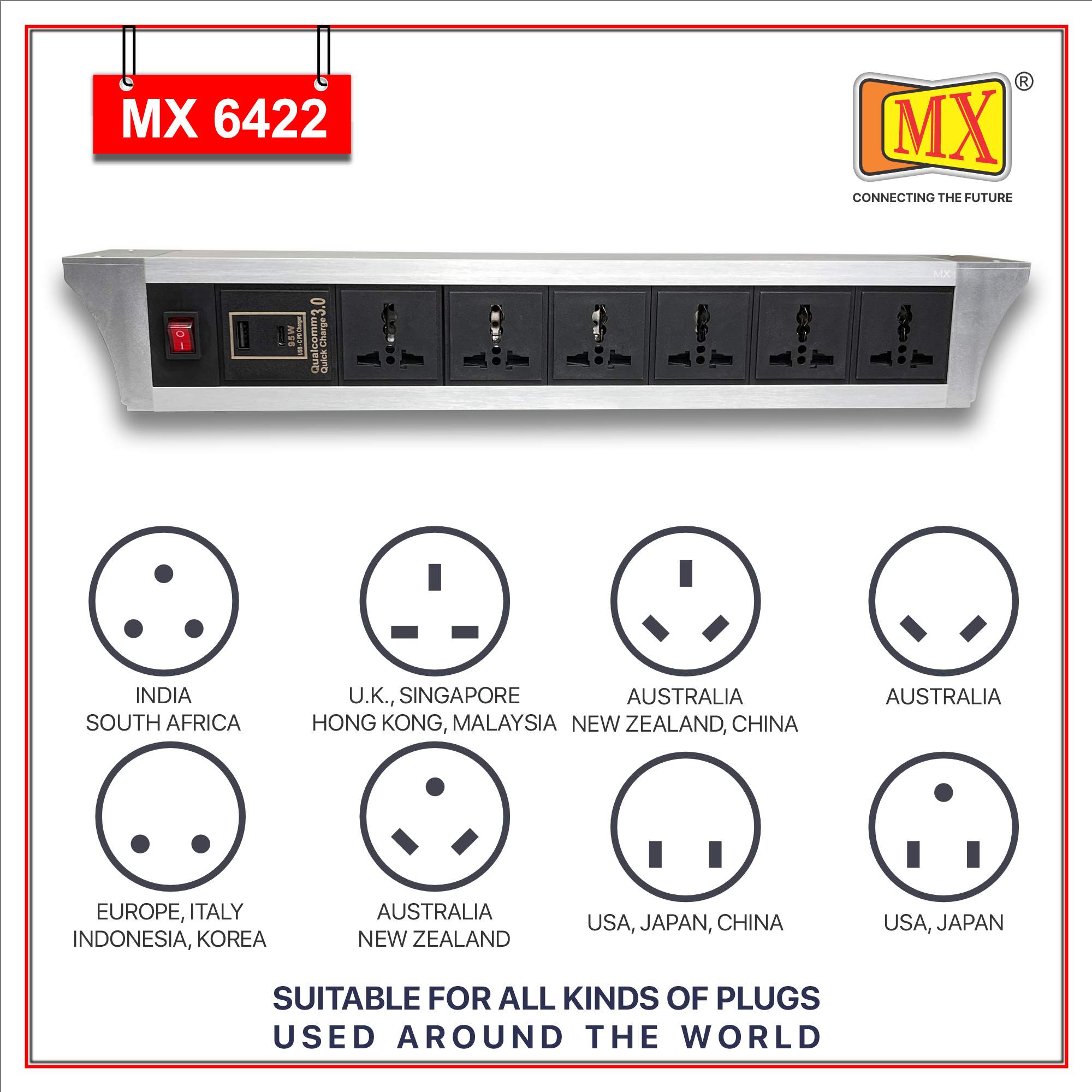 MX PDU Under table 6/13 Amps 6 Universal Socket | 2 USB (2.4 Amp) with 95W PD Charger | Dual Pole LED Indicator Switch | 6 Amps Heavy Duty Cord 10 Meter with ISI Marked, Aluminium Body Material(MX 6422-10M Silver) - Image 4