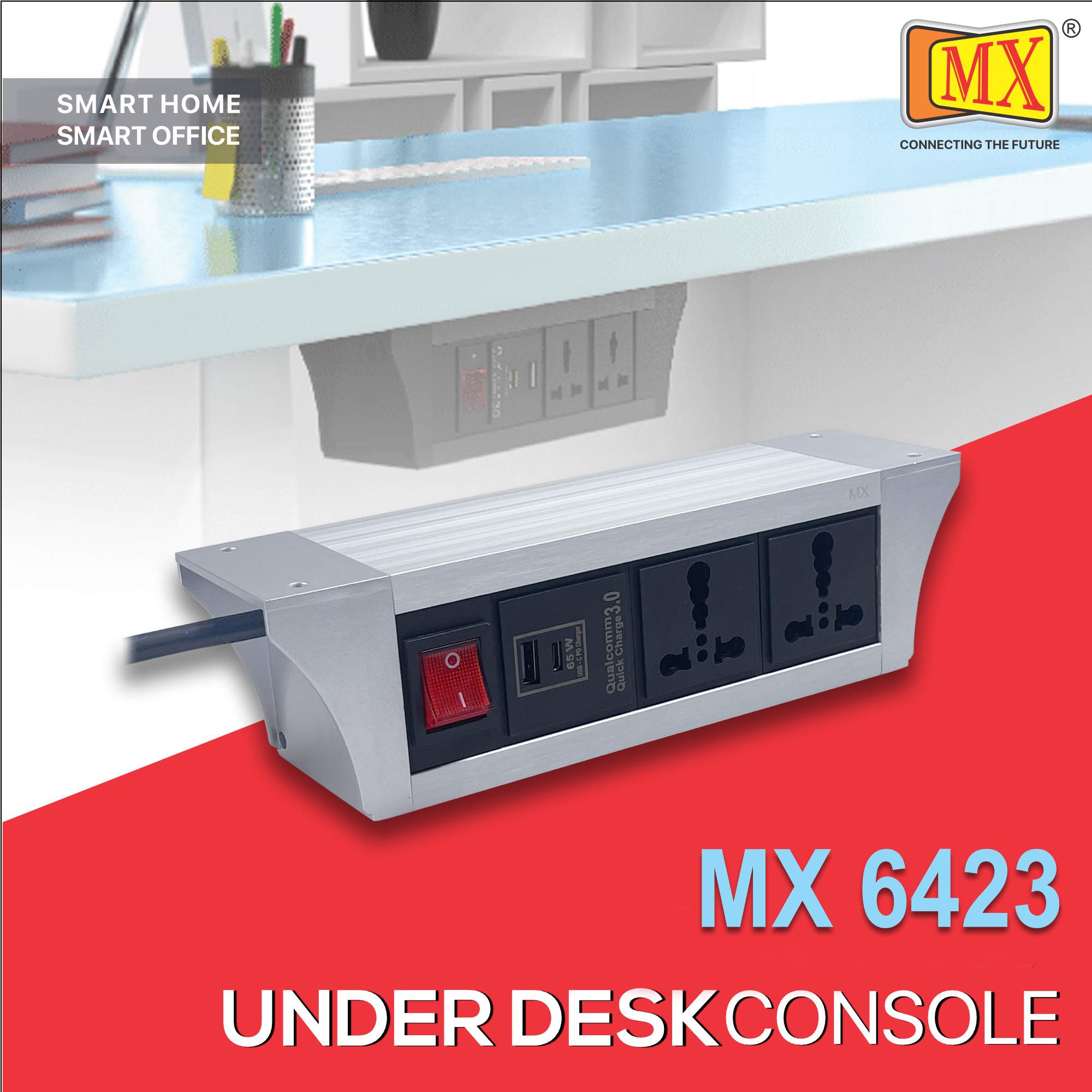 MX PDU Under table 6/16 Amps 2 Universal Socket | 2 USB (2.4 Amp) with 65W PD Charger | Dual Pole LED Indicator Switch | 16 Amps Heavy Duty Cord 1.5 Meter with ISI Marked, Aluminium Body Material(MX 6423-1.5M Silver)