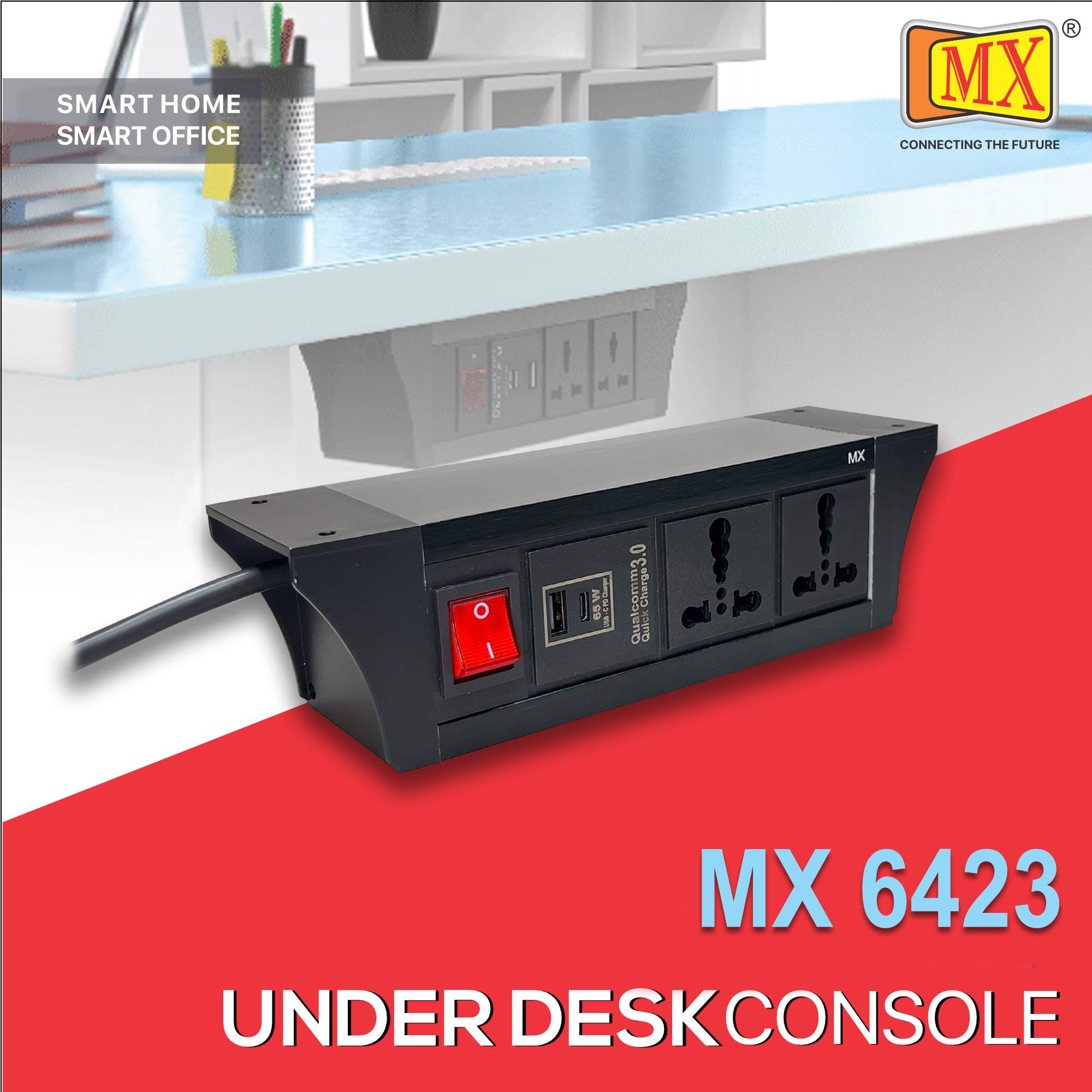 MX PDU Under table 6/16 Amps 2 Universal Socket | 2 USB (2.4 Amp) with 65W PD Charger | Dual Pole LED Indicator Switch | 16 Amps Heavy Duty Cord 1.5 Meter with ISI Marked, Aluminium Body Material(MX 6423-1.5M Black)