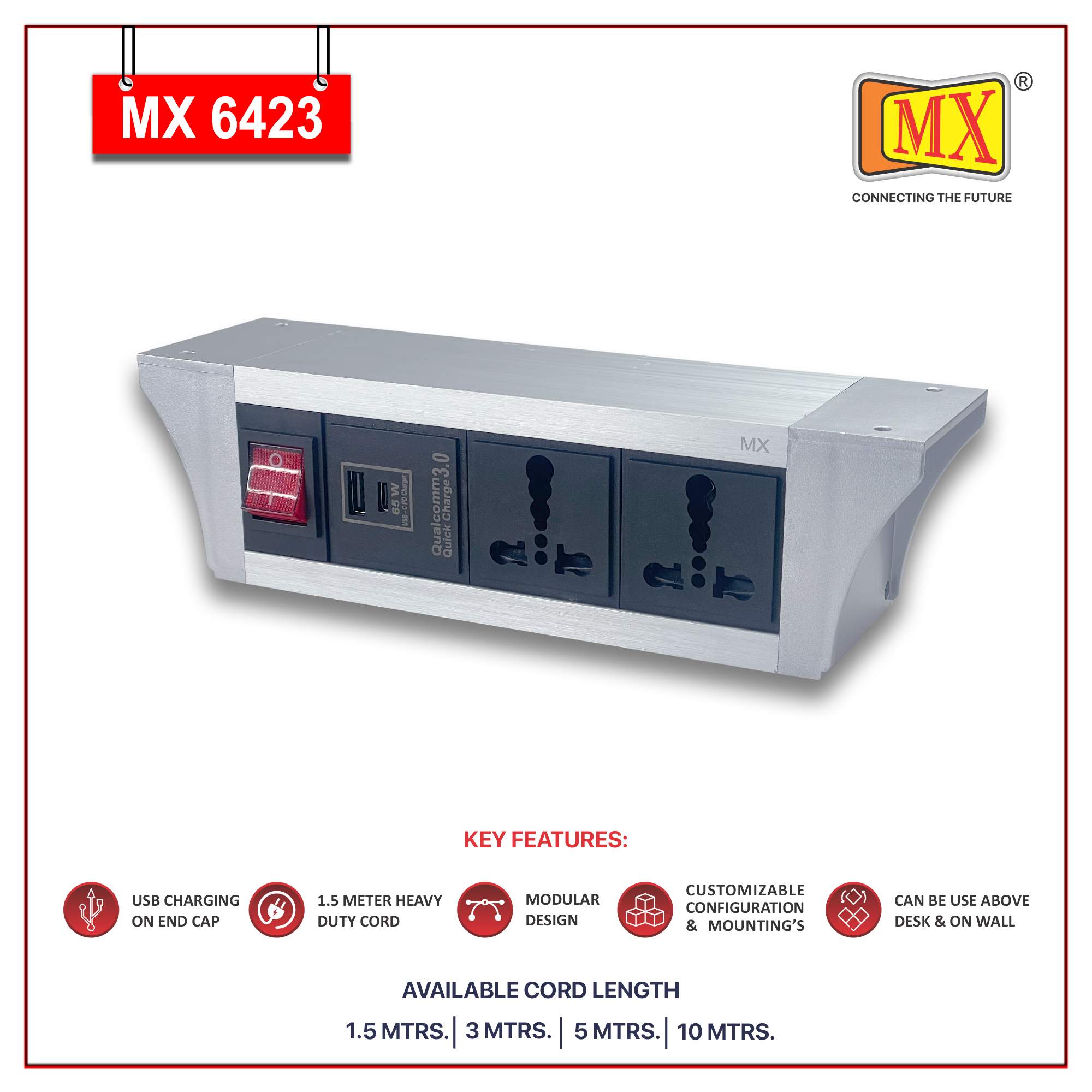 MX PDU Under table 6/16 Amps 2 Universal Socket | 2 USB (2.4 Amp) with 65W PD Charger | Dual Pole LED Indicator Switch | 16 Amps Heavy Duty Cord 1.5 Meter with ISI Marked, Aluminium Body Material(MX 6423-1.5M Silver) - Image 2