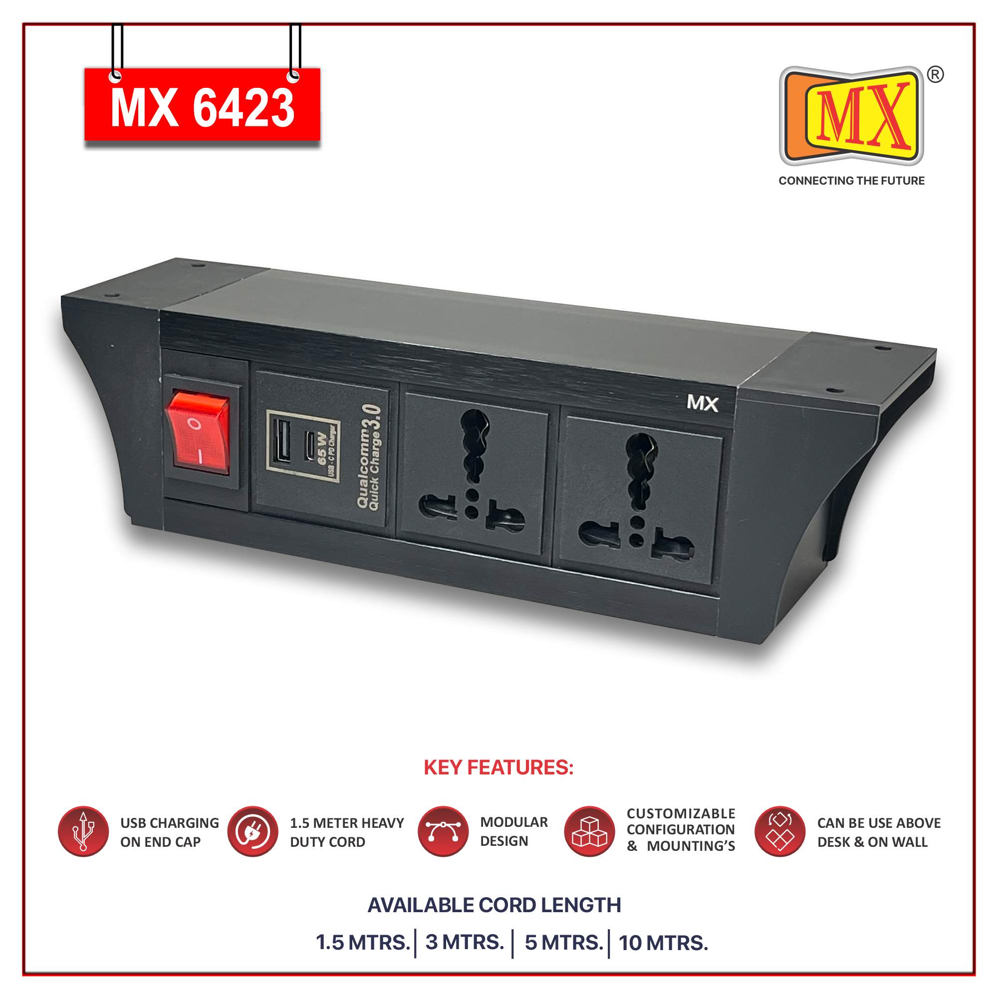 MX PDU Under table 6/16 Amps 2 Universal Socket | 2 USB (2.4 Amp) with 65W PD Charger | Dual Pole LED Indicator Switch | 16 Amps Heavy Duty Cord 1.5 Meter with ISI Marked, Aluminium Body Material(MX 6423-1.5M Black) - Image 2