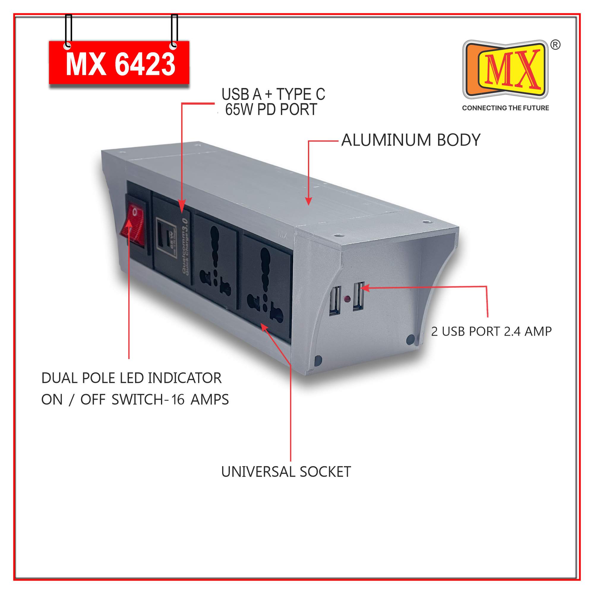 MX PDU Under table 6/16 Amps 2 Universal Socket | 2 USB (2.4 Amp) with 65W PD Charger | Dual Pole LED Indicator Switch | 16 Amps Heavy Duty Cord 1.5 Meter with ISI Marked, Aluminium Body Material(MX 6423-1.5M Silver) - Image 3
