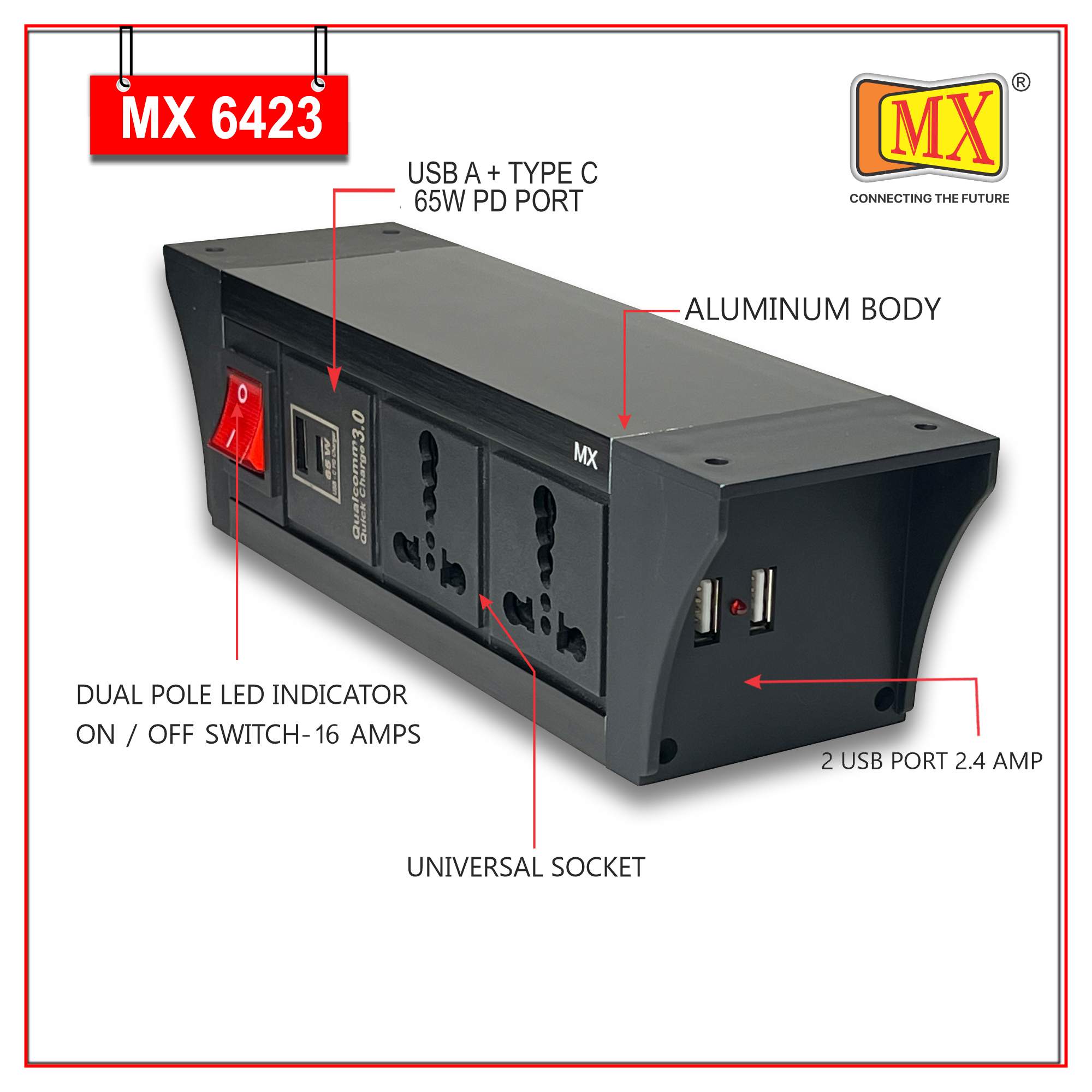MX PDU Under table 6/16 Amps 2 Universal Socket | 2 USB (2.4 Amp) with 65W PD Charger | Dual Pole LED Indicator Switch | 16 Amps Heavy Duty Cord 1.5 Meter with ISI Marked, Aluminium Body Material(MX 6423-1.5M Black) - Image 3