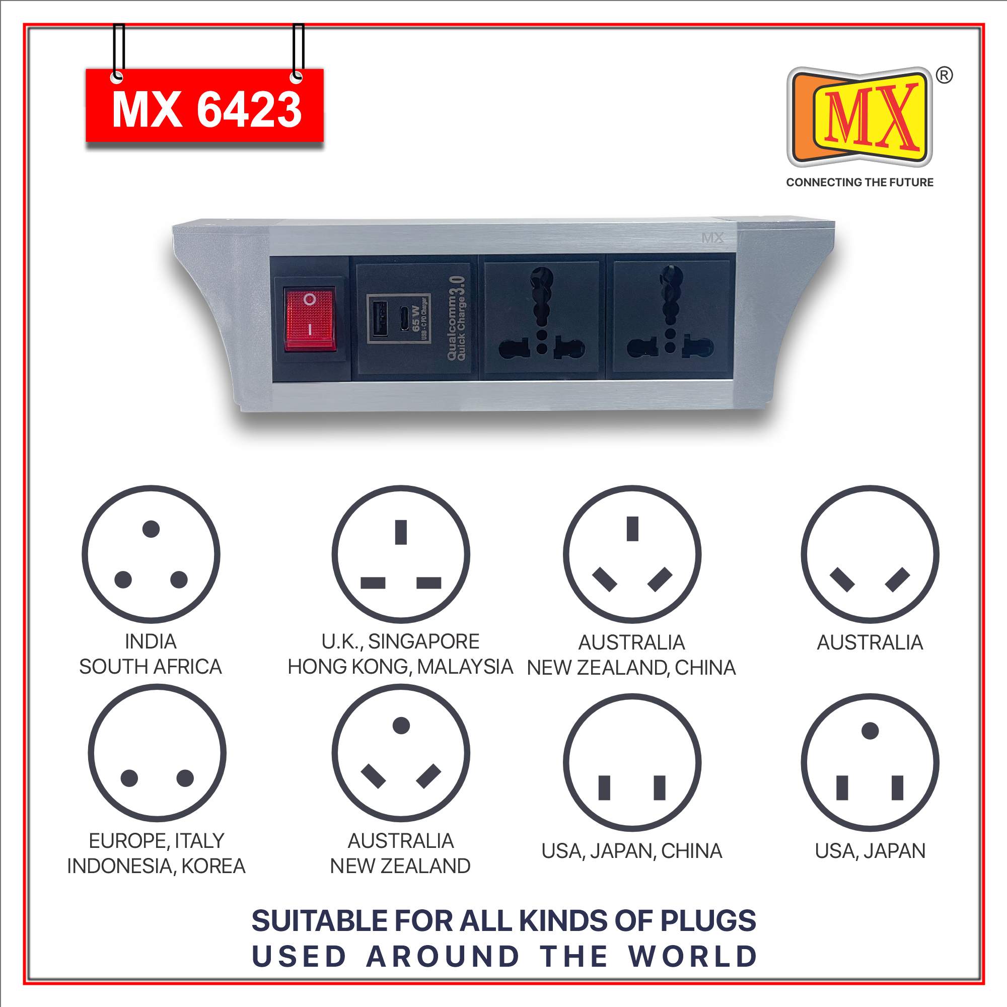 MX PDU Under table 6/16 Amps 2 Universal Socket | 2 USB (2.4 Amp) with 65W PD Charger | Dual Pole LED Indicator Switch | 16 Amps Heavy Duty Cord 1.5 Meter with ISI Marked, Aluminium Body Material(MX 6423-1.5M Silver) - Image 4