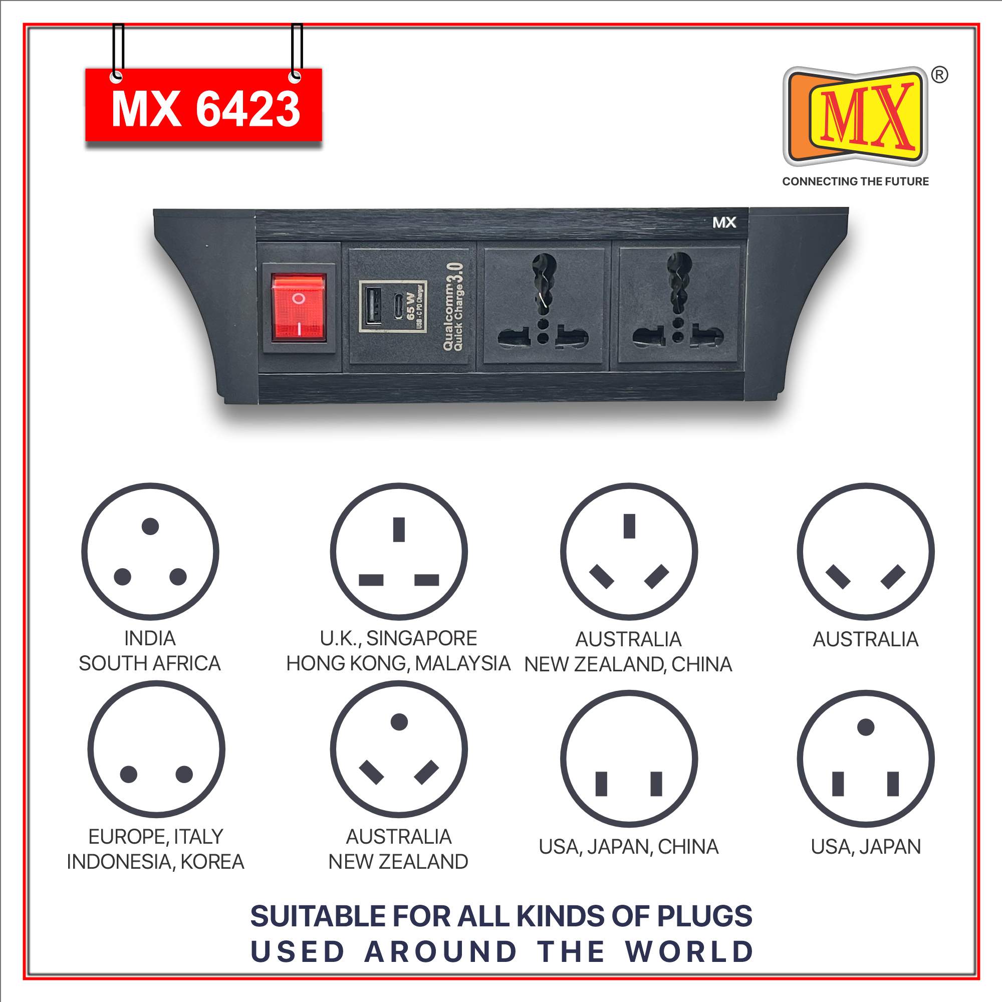 MX PDU Under table 6/16 Amps 2 Universal Socket | 2 USB (2.4 Amp) with 65W PD Charger | Dual Pole LED Indicator Switch | 16 Amps Heavy Duty Cord 1.5 Meter with ISI Marked, Aluminium Body Material(MX 6423-1.5M Black) - Image 4