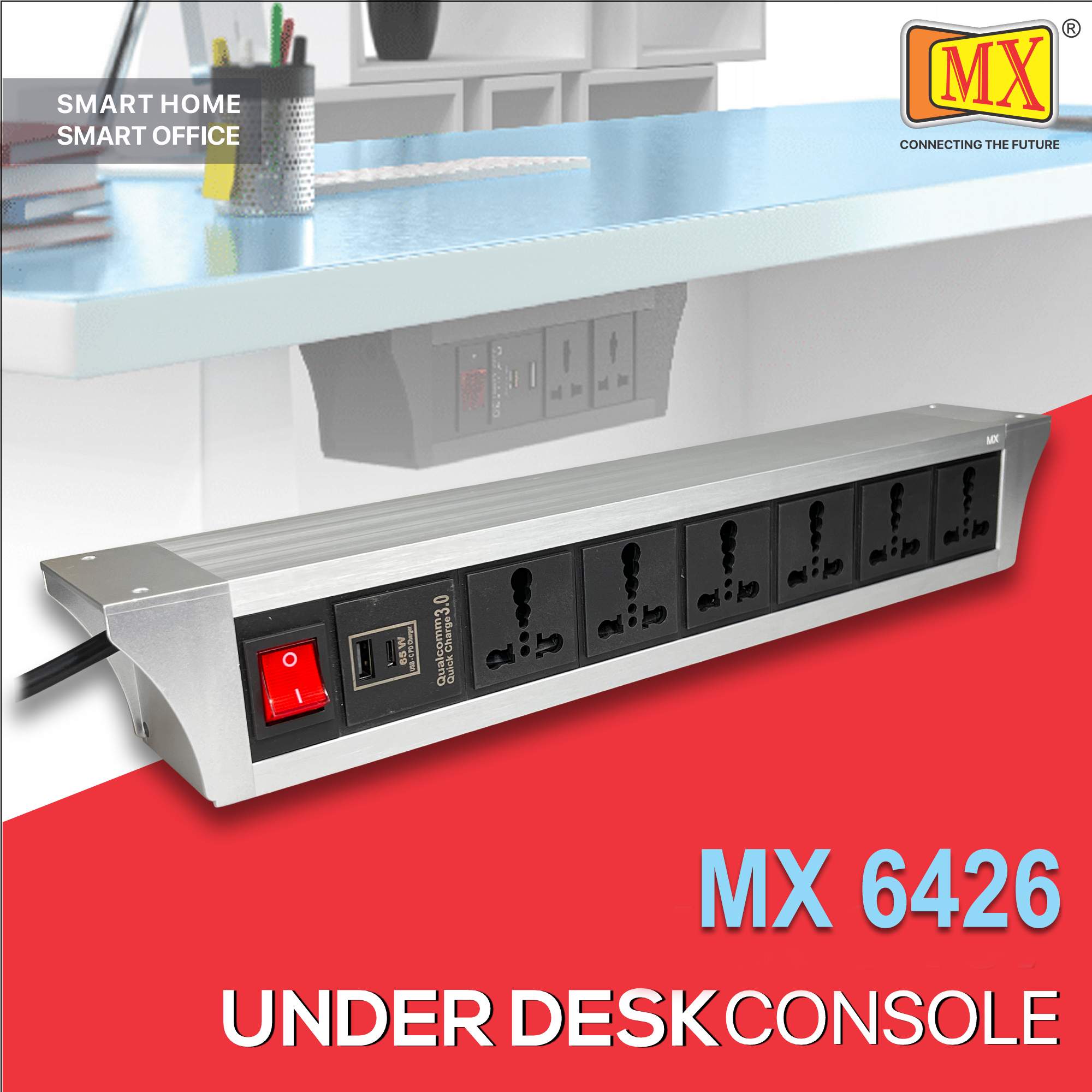 MX PDU Under table 6/16 Amps 6 Universal Socket | 2 USB (2.4 Amp) with 65W PD Charger | Dual Pole LED Indicator Switch | 16 Amps Heavy Duty Cord 10 Meter with ISI Marked, Aluminium Body Material(MX 6426-10M Silver)