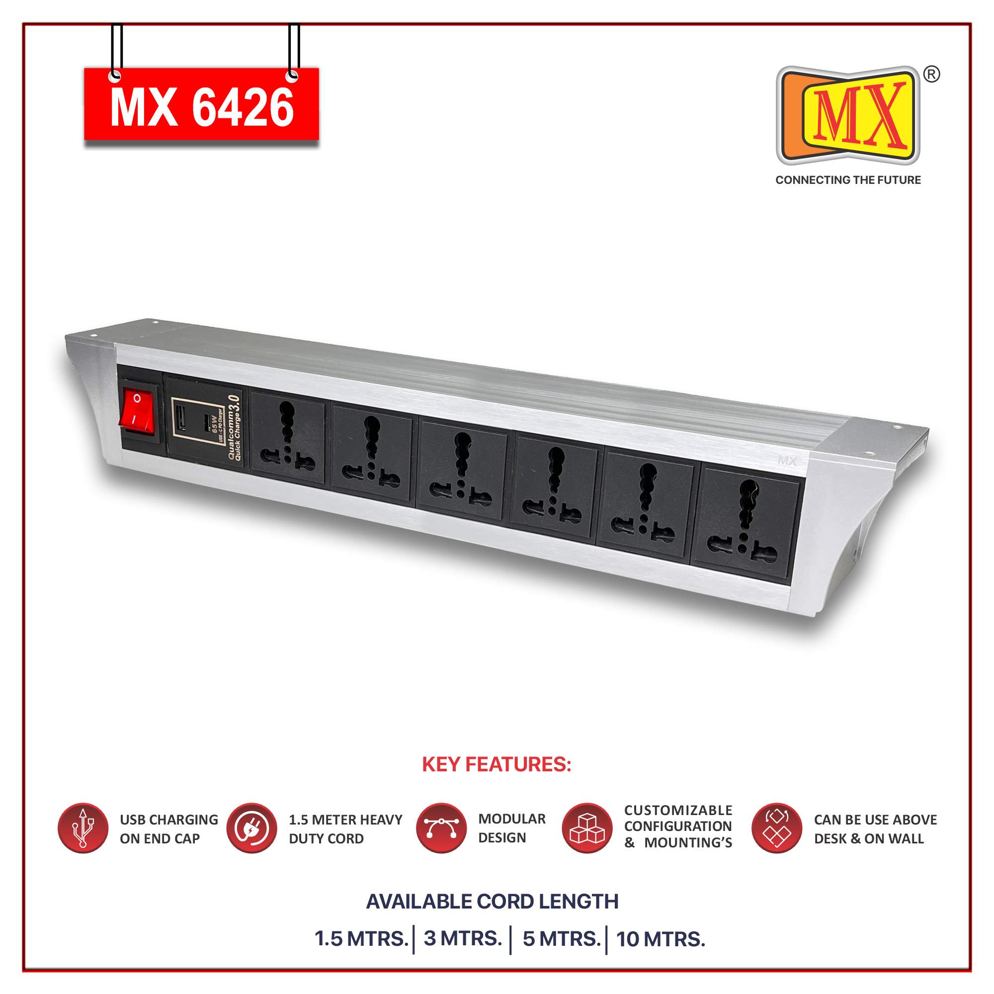 MX PDU Under table 6/16 Amps 6 Universal Socket | 2 USB (2.4 Amp) with 65W PD Charger | Dual Pole LED Indicator Switch | 16 Amps Heavy Duty Cord 10 Meter with ISI Marked, Aluminium Body Material(MX 6426-10M Silver) - Image 2