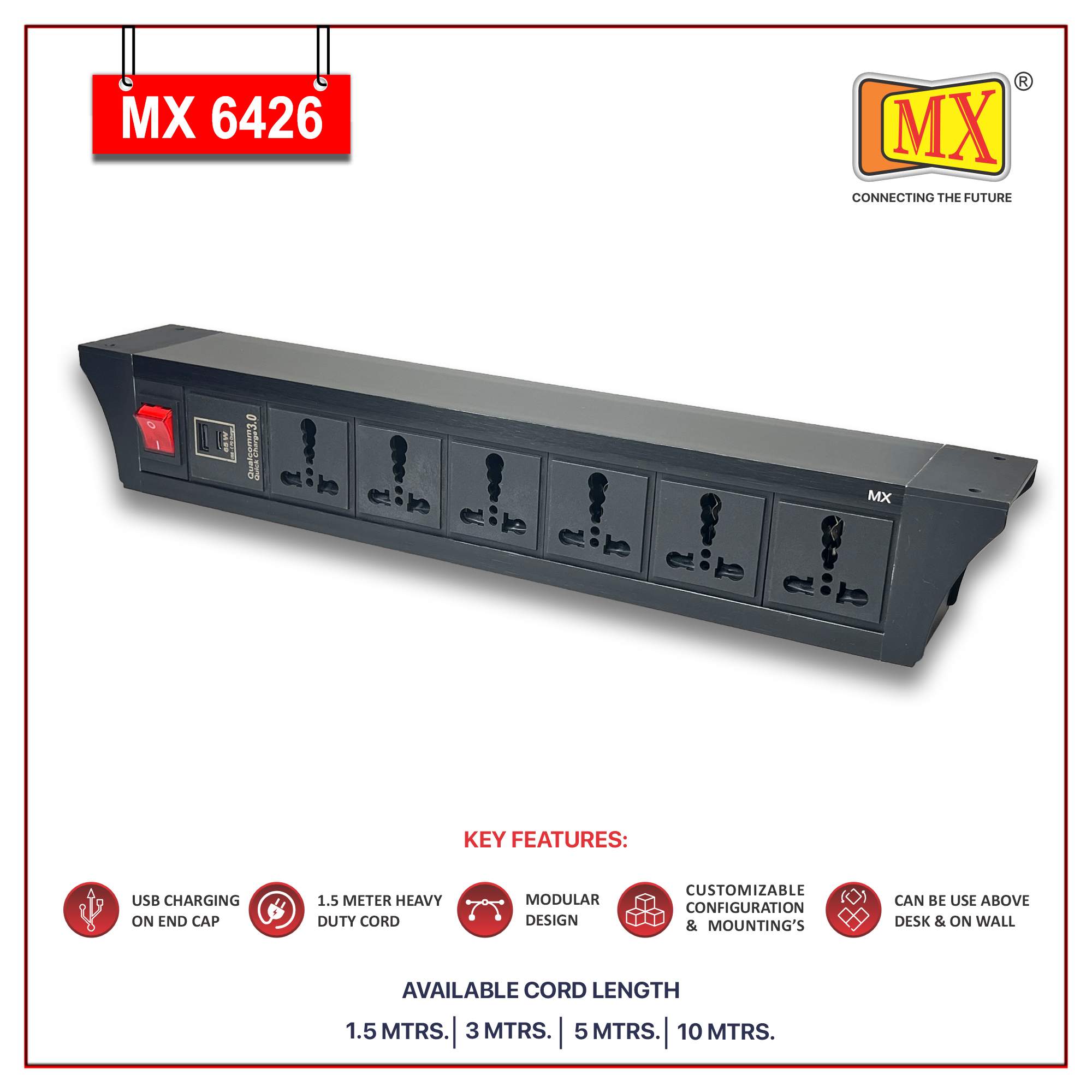 MX PDU Under table 6/16 Amps 6 Universal Socket | 2 USB (2.4 Amp) with 65W PD Charger | Dual Pole LED Indicator Switch | 16 Amps Heavy Duty Cord 3 Meter with ISI Marked, Aluminium Body Material(MX 6426-3M Black) - Image 2