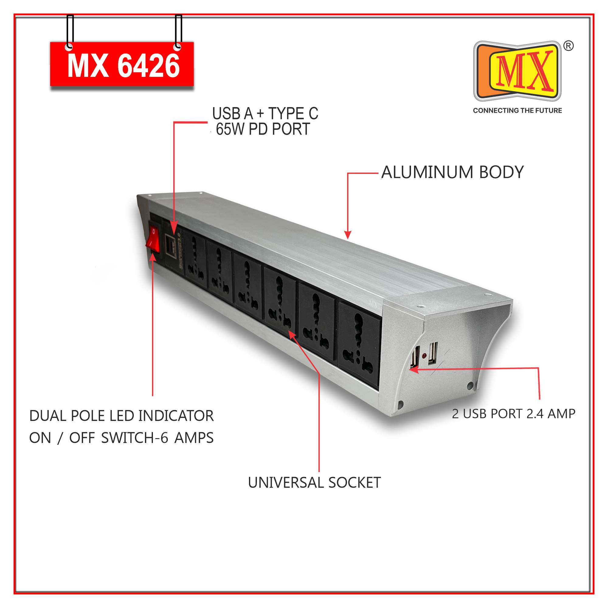 MX PDU Under table 6/16 Amps 6 Universal Socket | 2 USB (2.4 Amp) with 65W PD Charger | Dual Pole LED Indicator Switch | 16 Amps Heavy Duty Cord 10 Meter with ISI Marked, Aluminium Body Material(MX 6426-10M Silver) - Image 3