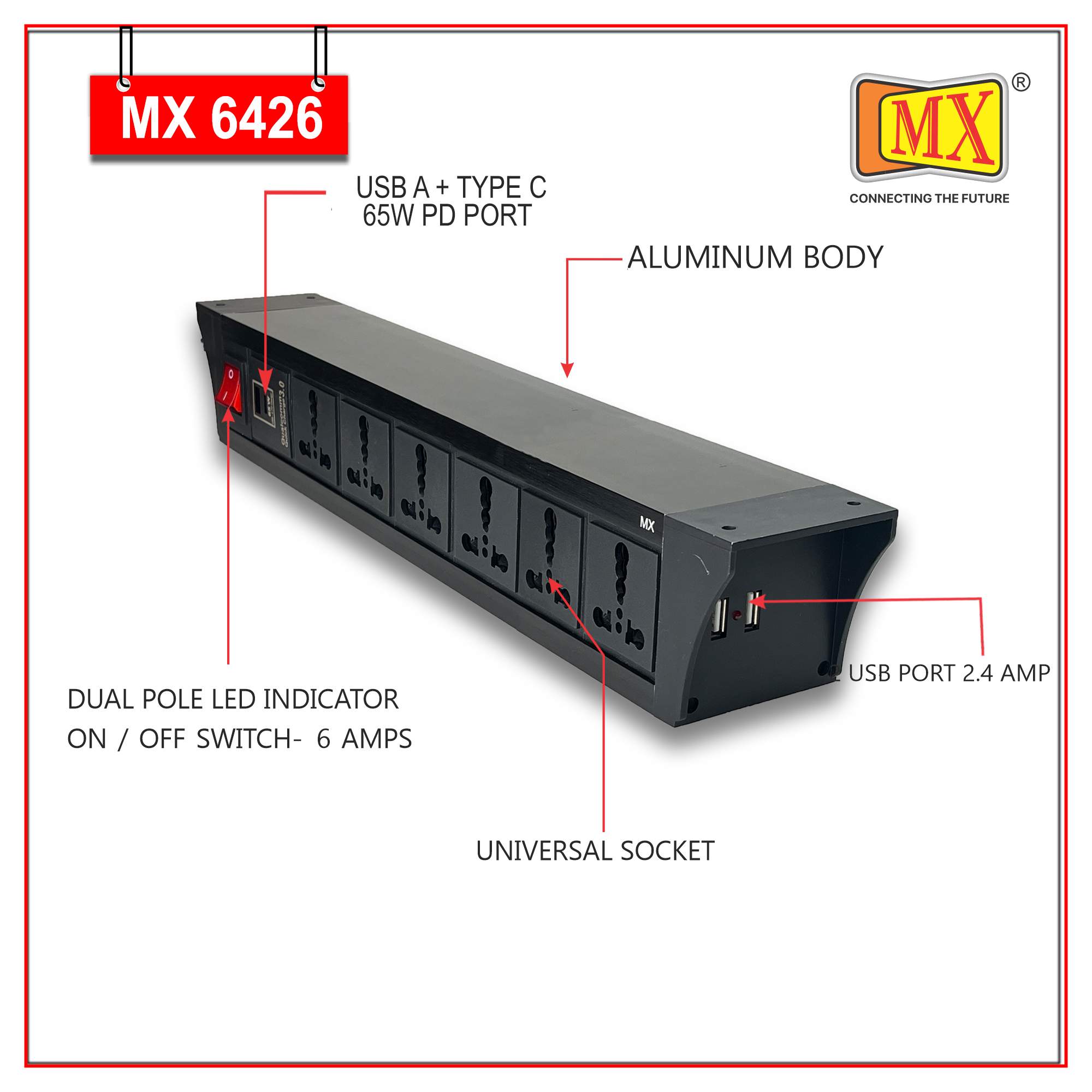 MX PDU Under table 6/16 Amps 6 Universal Socket | 2 USB (2.4 Amp) with 65W PD Charger | Dual Pole LED Indicator Switch | 16 Amps Heavy Duty Cord 3 Meter with ISI Marked, Aluminium Body Material(MX 6426-3M Black) - Image 3