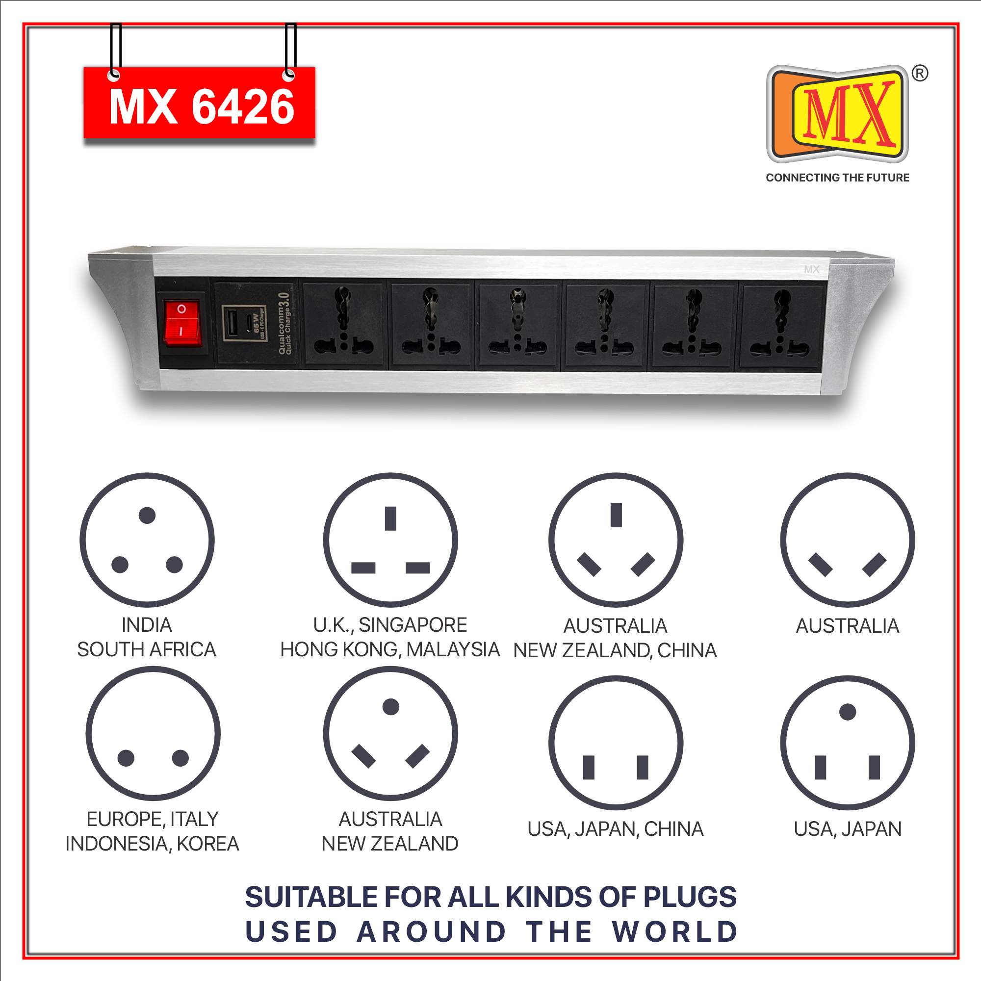 MX PDU Under table 6/16 Amps 6 Universal Socket | 2 USB (2.4 Amp) with 65W PD Charger | Dual Pole LED Indicator Switch | 16 Amps Heavy Duty Cord 10 Meter with ISI Marked, Aluminium Body Material(MX 6426-10M Silver) - Image 4