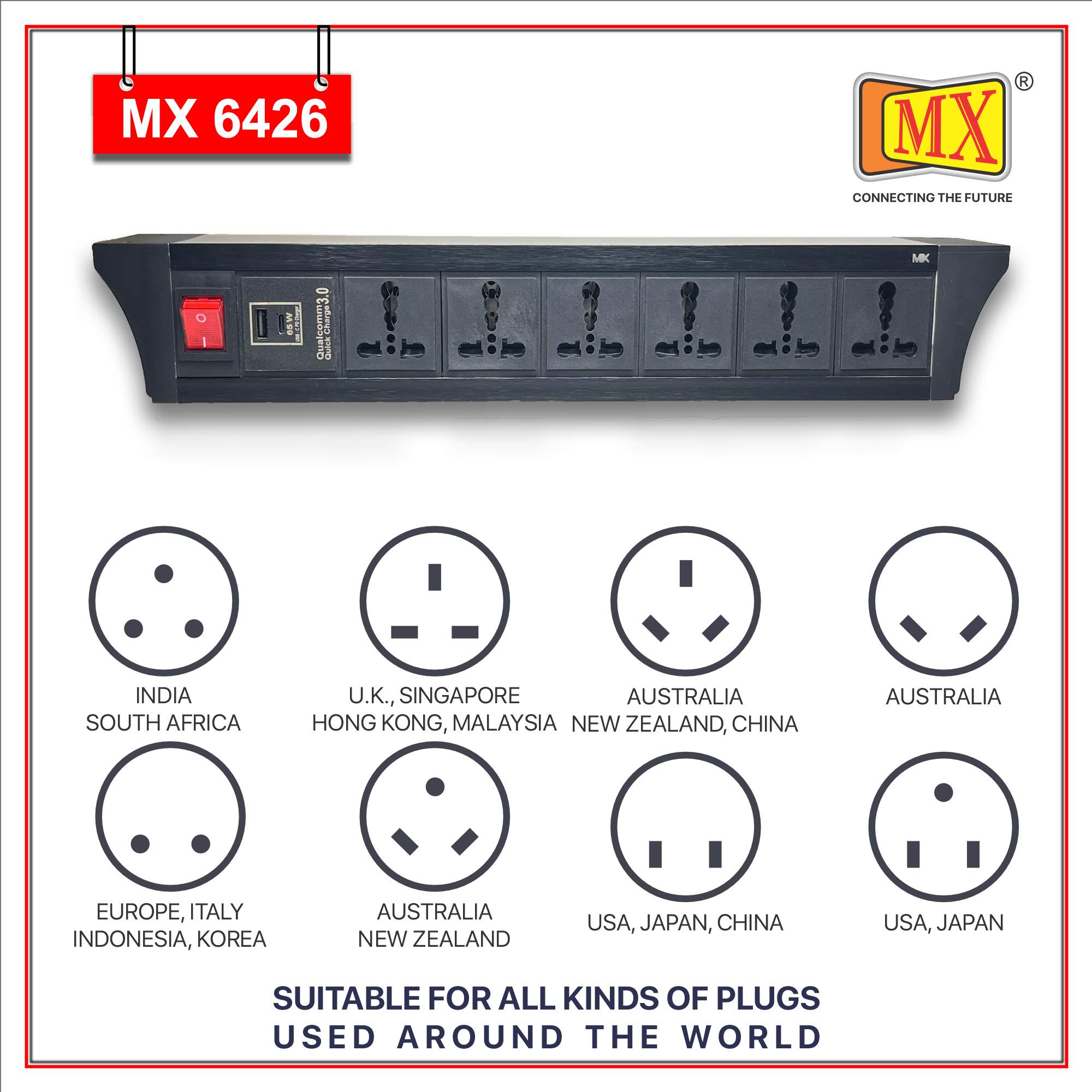 MX PDU Under table 6/16 Amps 6 Universal Socket | 2 USB (2.4 Amp) with 65W PD Charger | Dual Pole LED Indicator Switch | 16 Amps Heavy Duty Cord 3 Meter with ISI Marked, Aluminium Body Material(MX 6426-3M Black) - Image 4