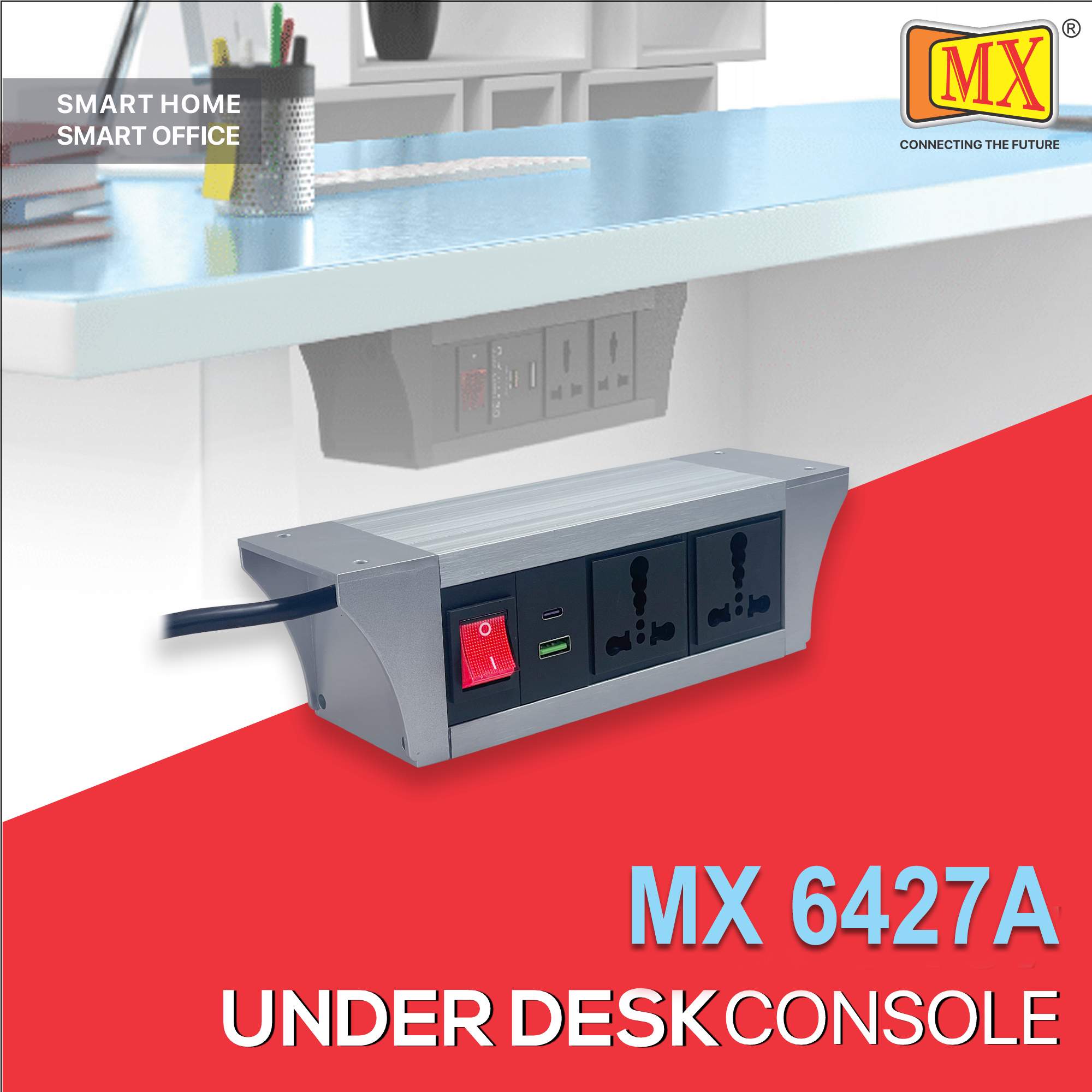 MX PDU Under table 6/16 Amps 2 Universal Socket | 2 USB (2.4 Amp) with 30W PD Charger | Dual Pole LED Indicator Switch | 16 Amps Heavy Duty Cord 3 Meter with ISI Marked, Aluminium Body Material(MX 6427A-3M Silver)