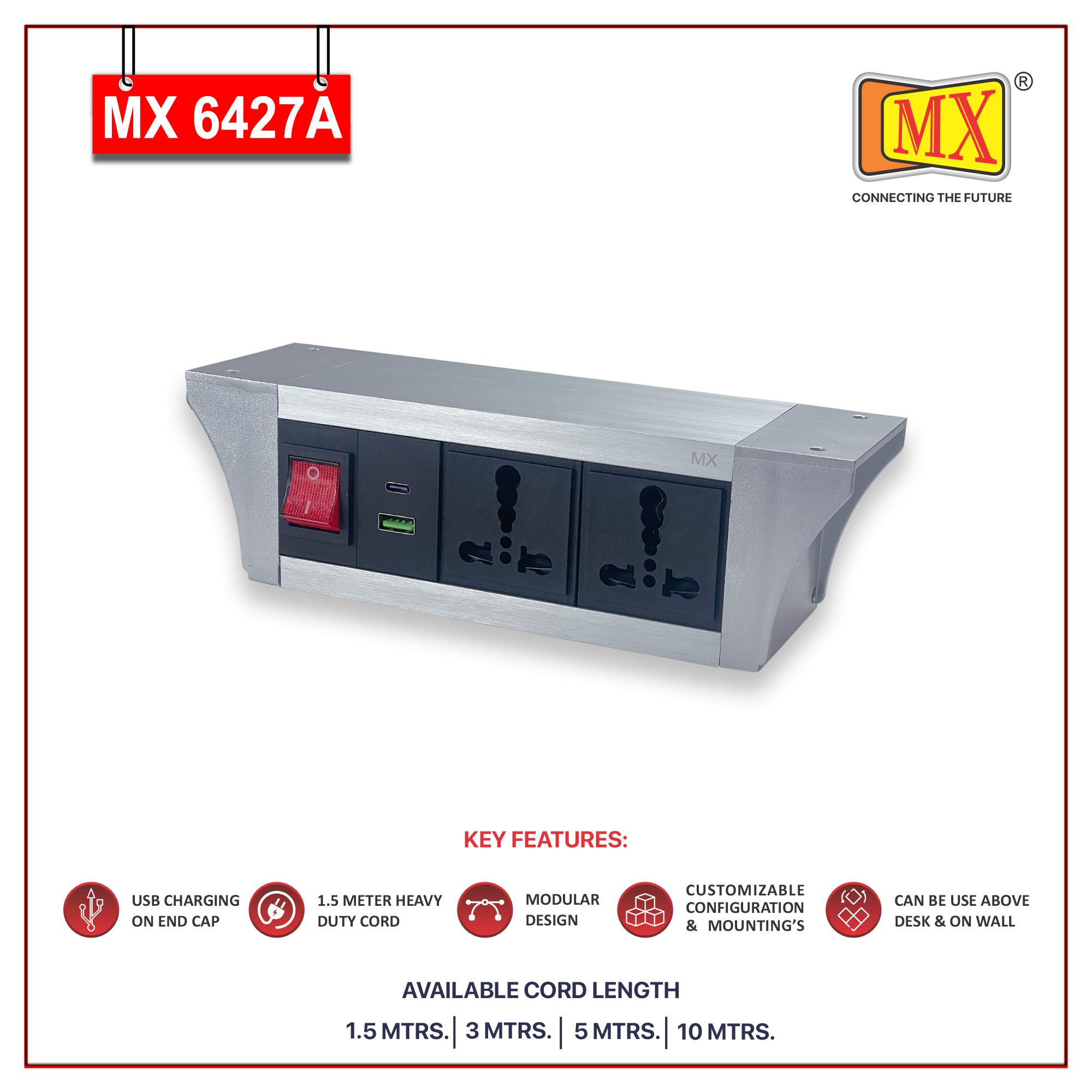 MX PDU Under table 6/16 Amps 2 Universal Socket | 2 USB (2.4 Amp) with 30W PD Charger | Dual Pole LED Indicator Switch | 16 Amps Heavy Duty Cord 3 Meter with ISI Marked, Aluminium Body Material(MX 6427A-3M Silver) - Image 2