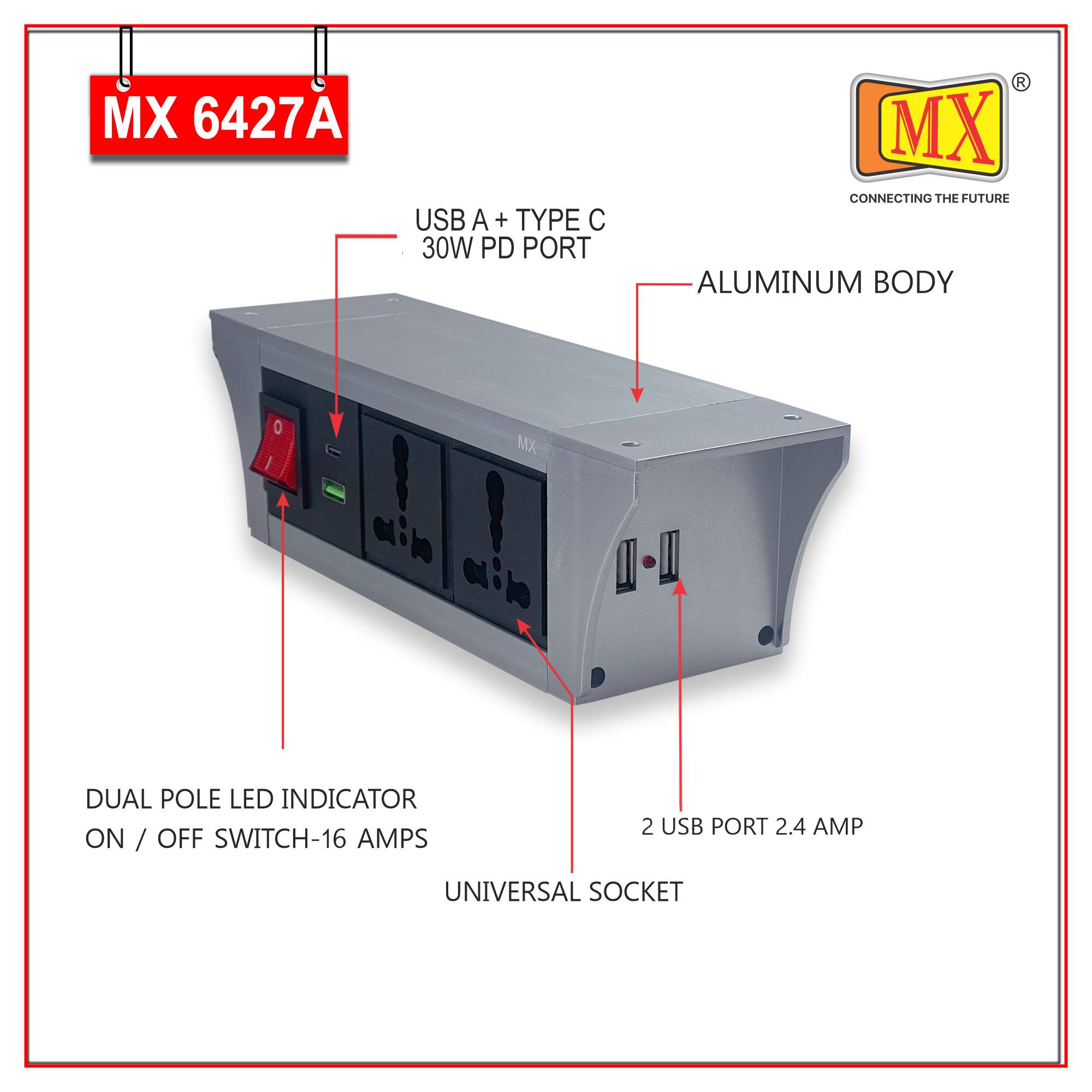 MX PDU Under table 6/16 Amps 2 Universal Socket | 2 USB (2.4 Amp) with 30W PD Charger | Dual Pole LED Indicator Switch | 16 Amps Heavy Duty Cord 3 Meter with ISI Marked, Aluminium Body Material(MX 6427A-3M Silver) - Image 3